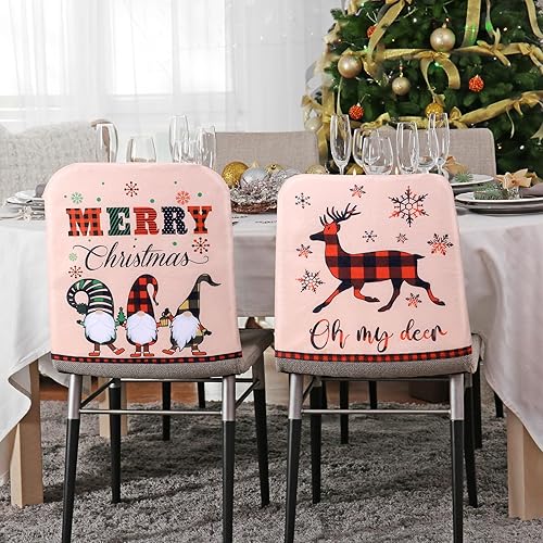 Miniatura 5 de Ganeen 6 fundas para sillas de Navidad, sombrero de Papá Noel, zapatos de elfo, de fieltro a cuadros, fundas para sillas de comedor de Feliz