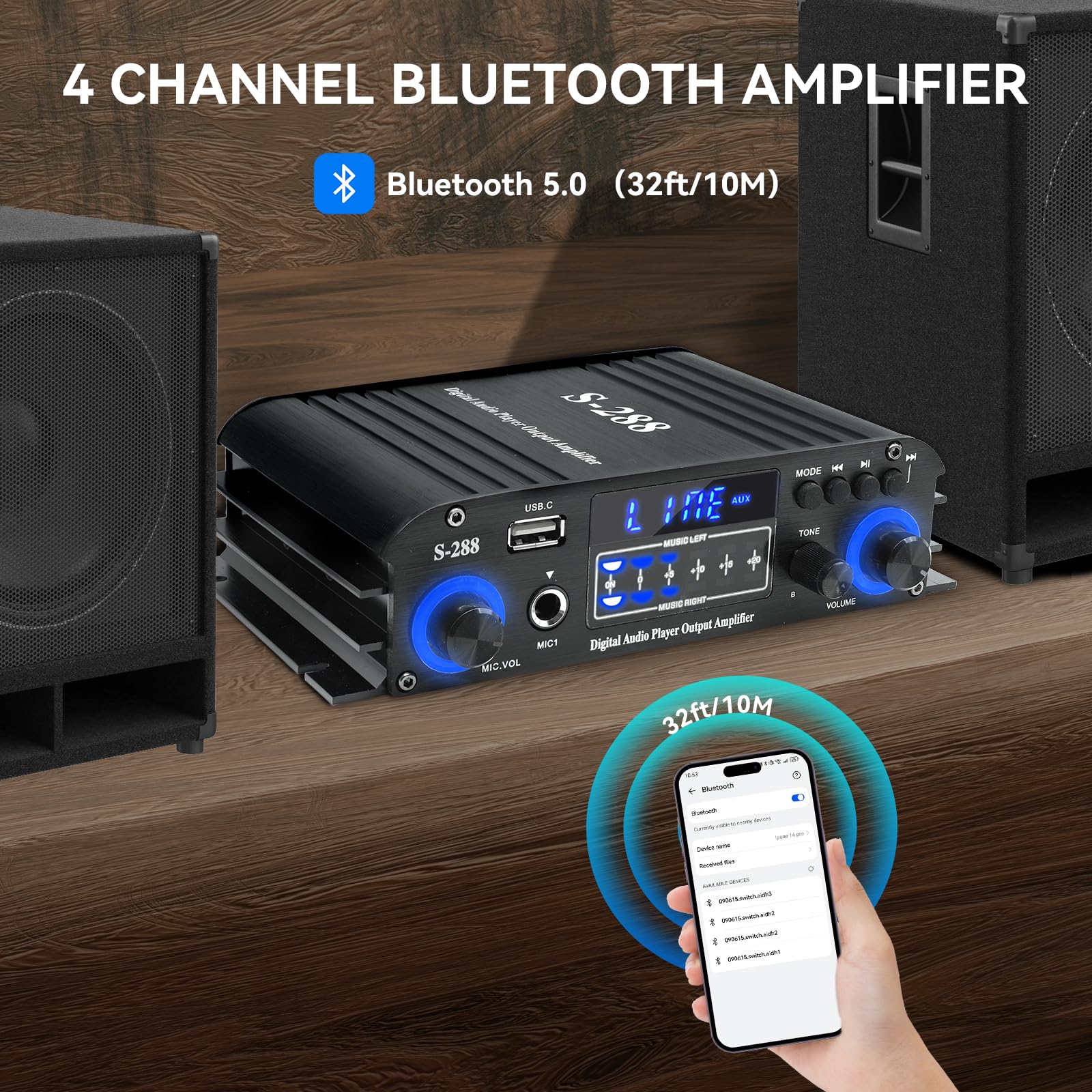 Ricevitori stereo a 4 canali Amplificatore audio domestico Bluetooth 5.0, RMS 50Wx4 Max 1200W HiFi amplificatore di potenza, USB/SD/FM, ricevitore audio domestico di classe D per Home Theate