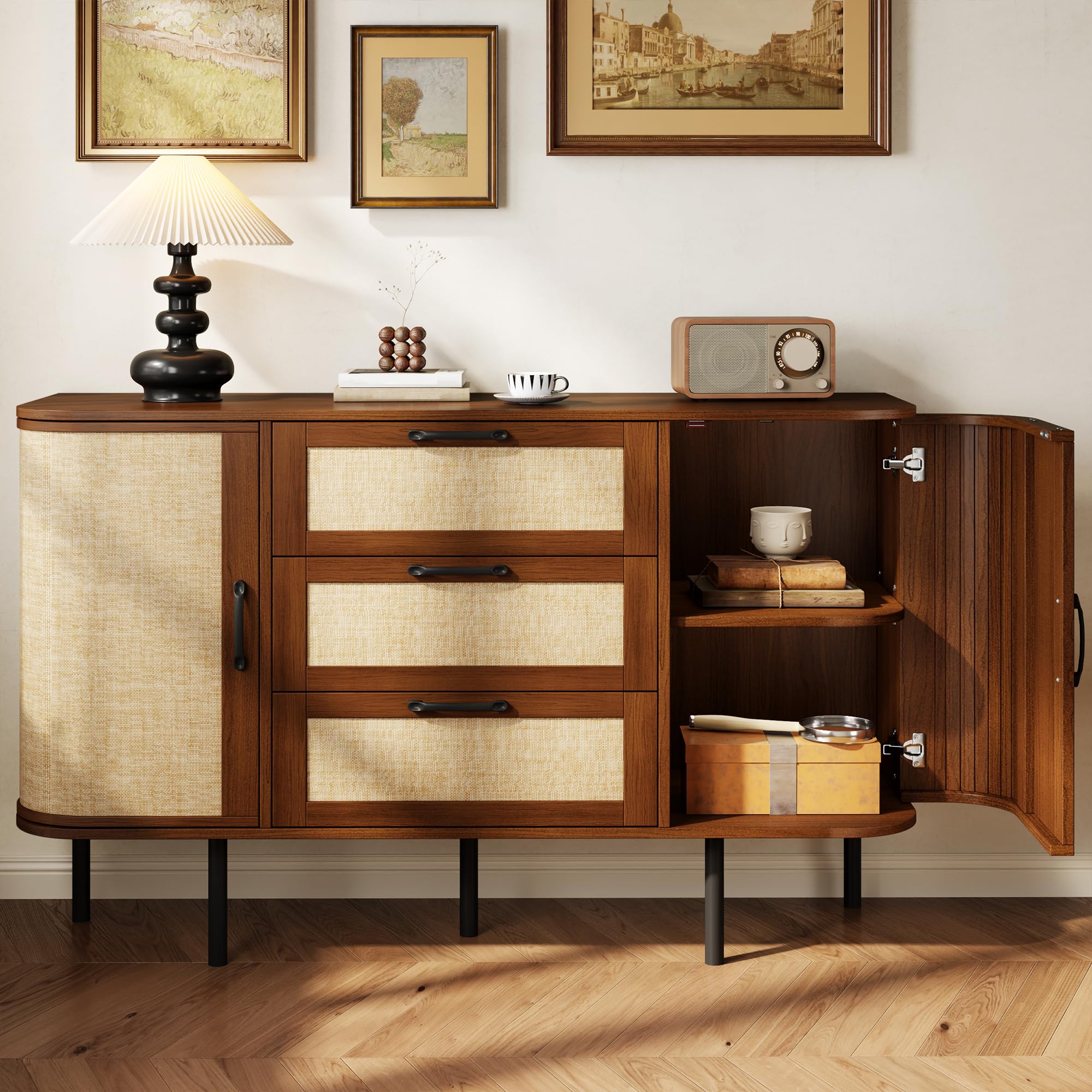 Moimhear Credenza, armadietto portaoggetti, ripiani intrecciati regolabili in altezza