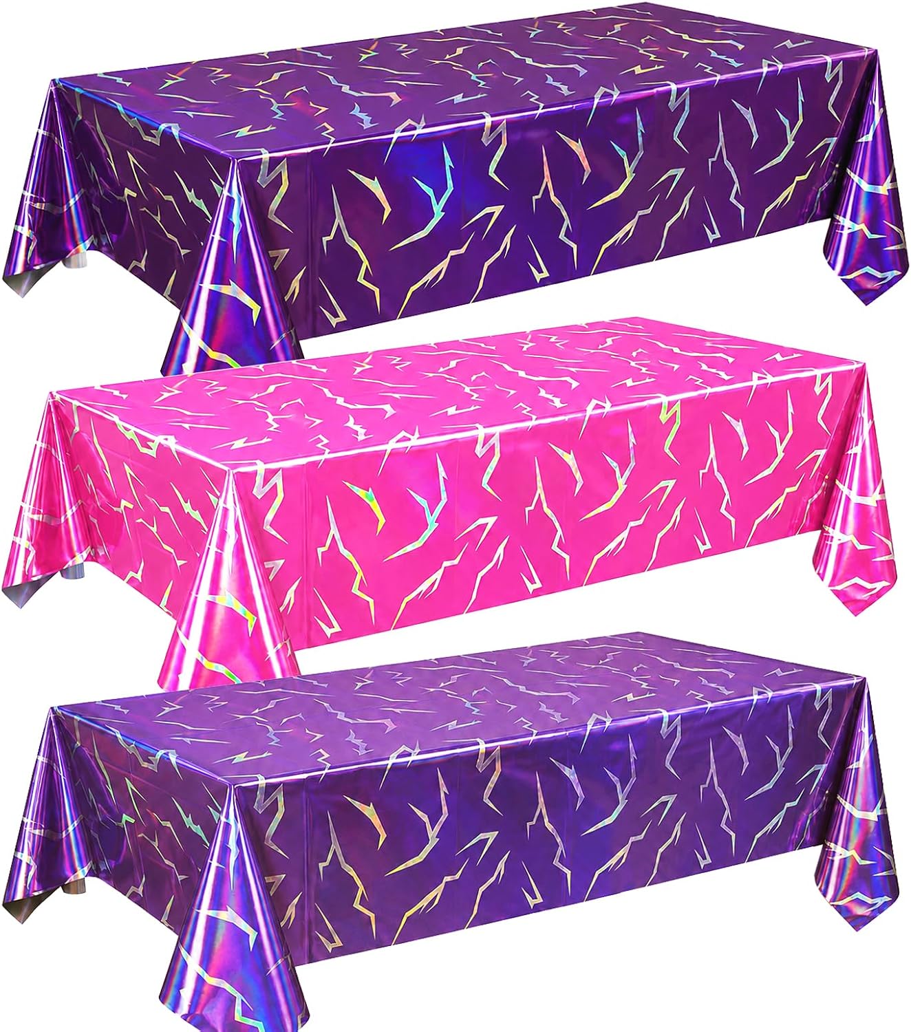k-pop birthday decorations 3 Pack Iridescent Holographic Laser Tablecloth | 54 x 108 Inch Disposable Plastic Table Covers, Lightning Pattern Purple Pink Tablecloth for Girls Bachelorette Disco Party