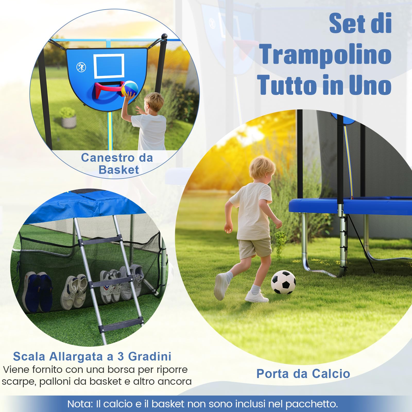 COSTWAY Trampolino da Esterno per Bambini e Adulti 317 x 255 cm, Tappeto Elastico Rettangolare con Canestro da Basket, Porta da Calcio, Scala Antiscivolo, Rete e Telaio in Acciaio