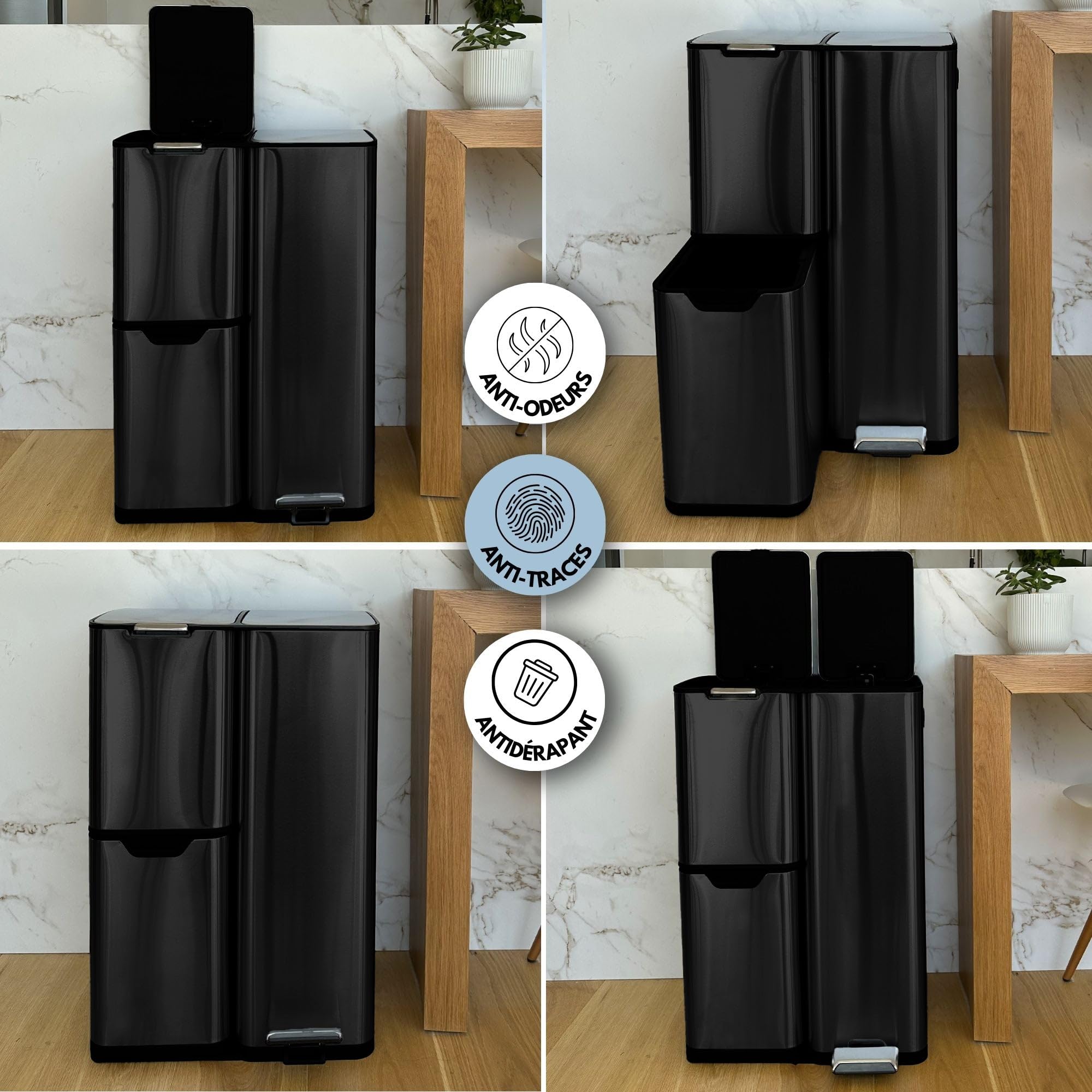KITCHEN MOVE Poubelle de cuisine à pédale tri sélectif recyclage 60L(13+17+30L) HAJA en acier Inox Noir avec seau