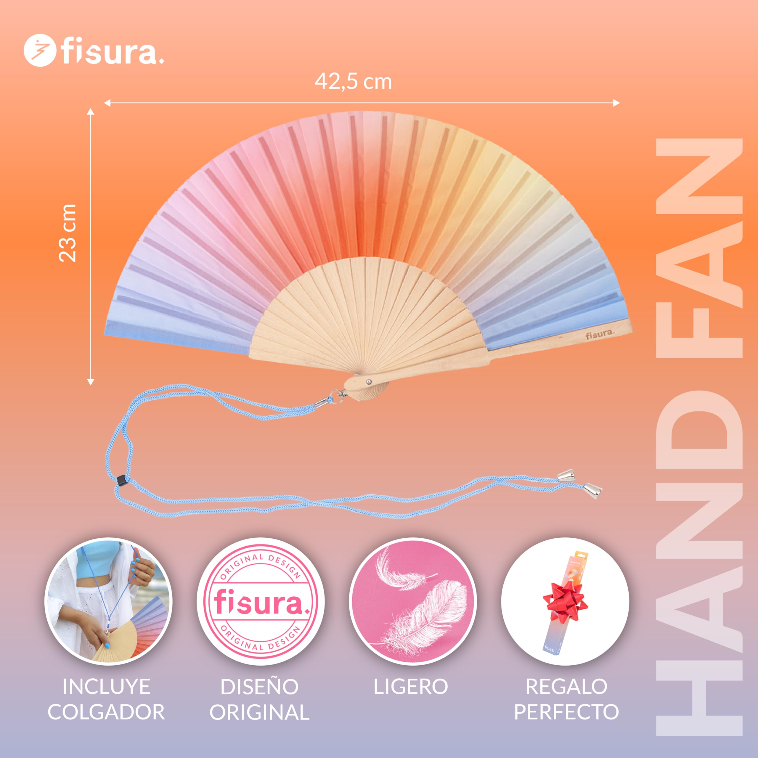 Fisura – Abanico original con estampado de ondas y rayas. Abanico de madera moderno y colorido. Ventilador de mano rosa y verde. Colgador incluido. (Degradado, azul y naranja)