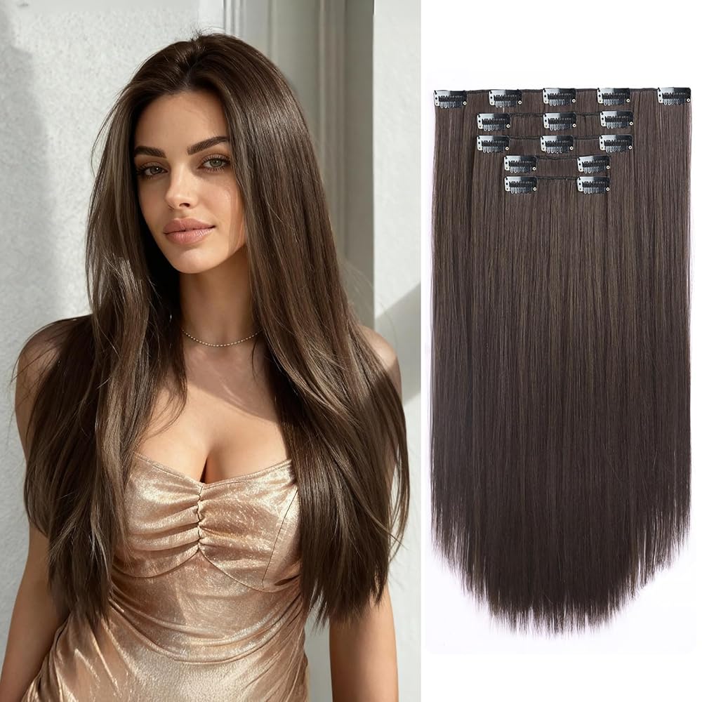 StrRid Dark Brown Clip in Extensions 18 Inch Invisible Long Synthetic Extension 5PCS Straight Fake Soft and Not Easily Knotted Clips on Hair Pieces for Women Grils Weddings Party Daily Use 6.5 Oz