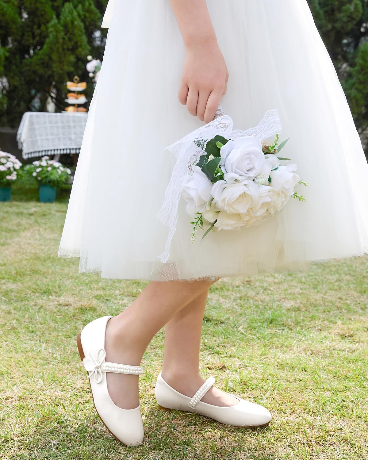 Coutgo Girls Mary Jane Dress Shoes Girl Flower Shoes Bow Pearls Ballet Flats Princess Wedding Shoes