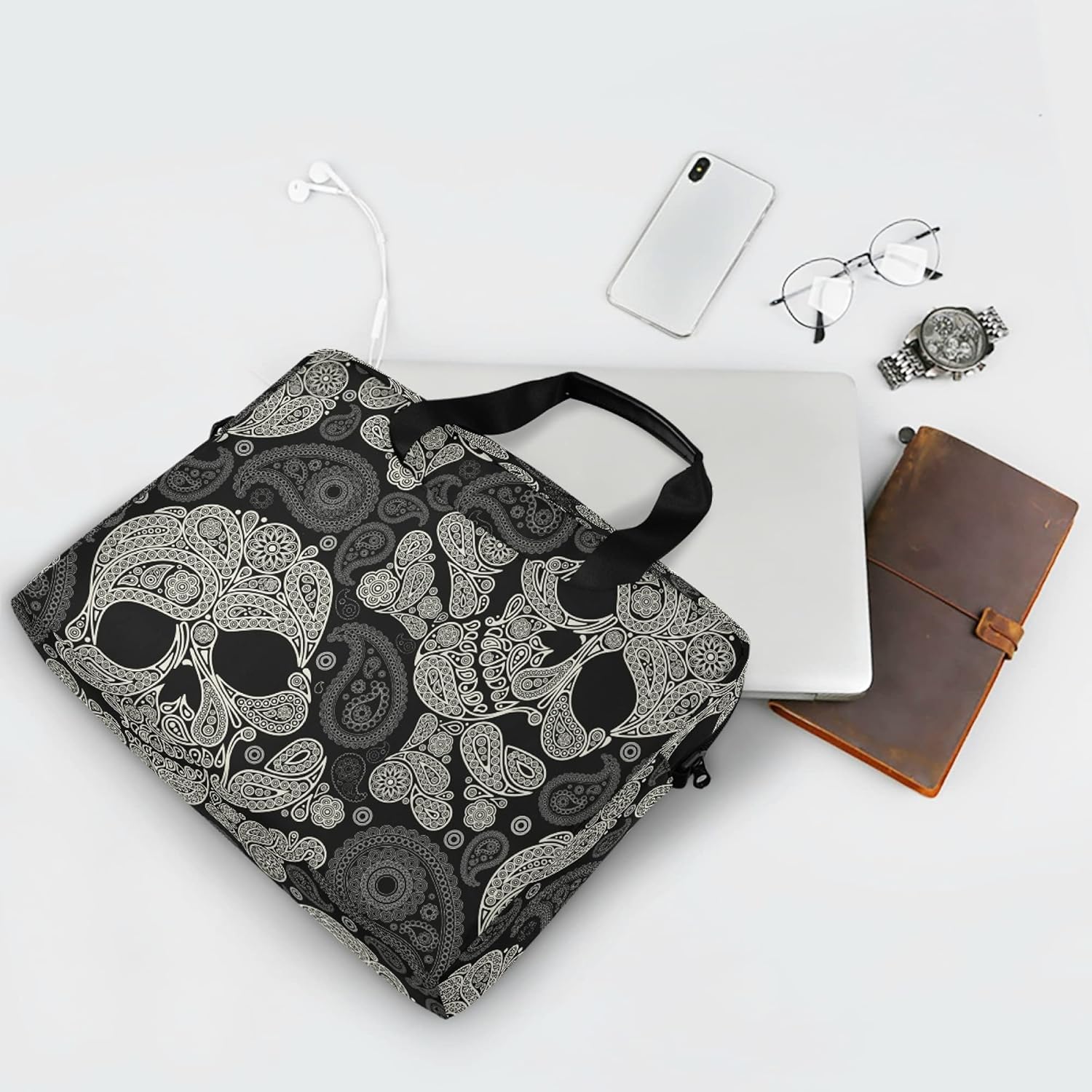 ALAZA Skull Paisley Halloween Laptop Case Bag Sleeve Portable Crossbody Messenger Briefcase w/Strap Handle, 13 14 15.6 inch