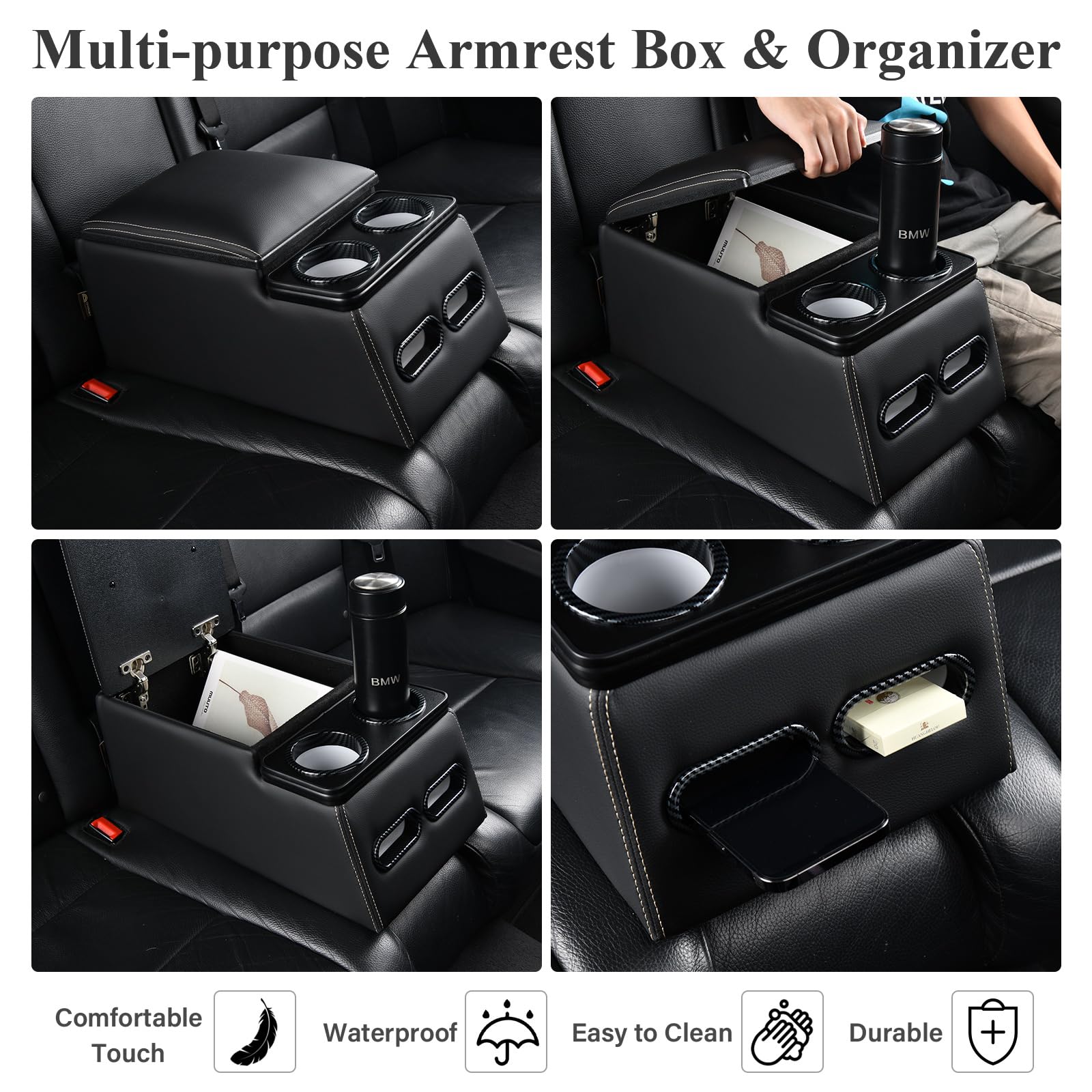 Coverado Consola Central para automóvil, Consolas universales para Asiento Trasero, Organizador de Asiento de camión y Almacenamiento, Organizador de Asiento Trasero con portavasos, Caja de