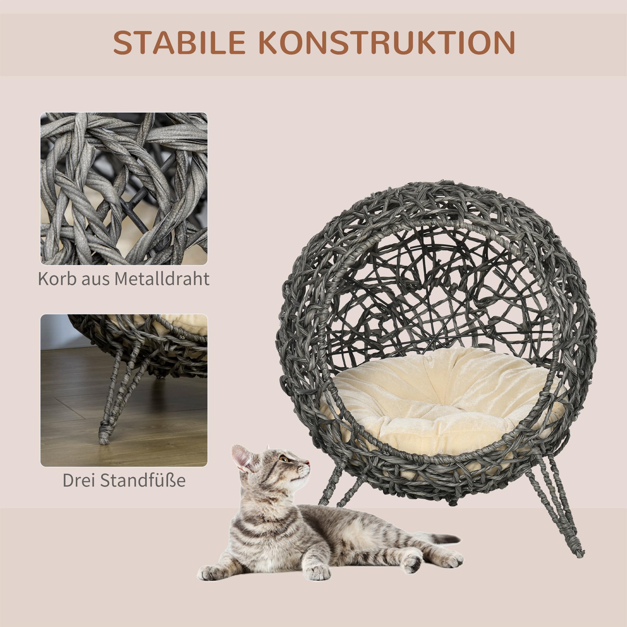 PawHut Katzenhaus aus Rattan mit Kissen Katzenschlafplatz Katzenhöhle mit erhöhten Füßen Silbergrau Ø52 x 58 cm