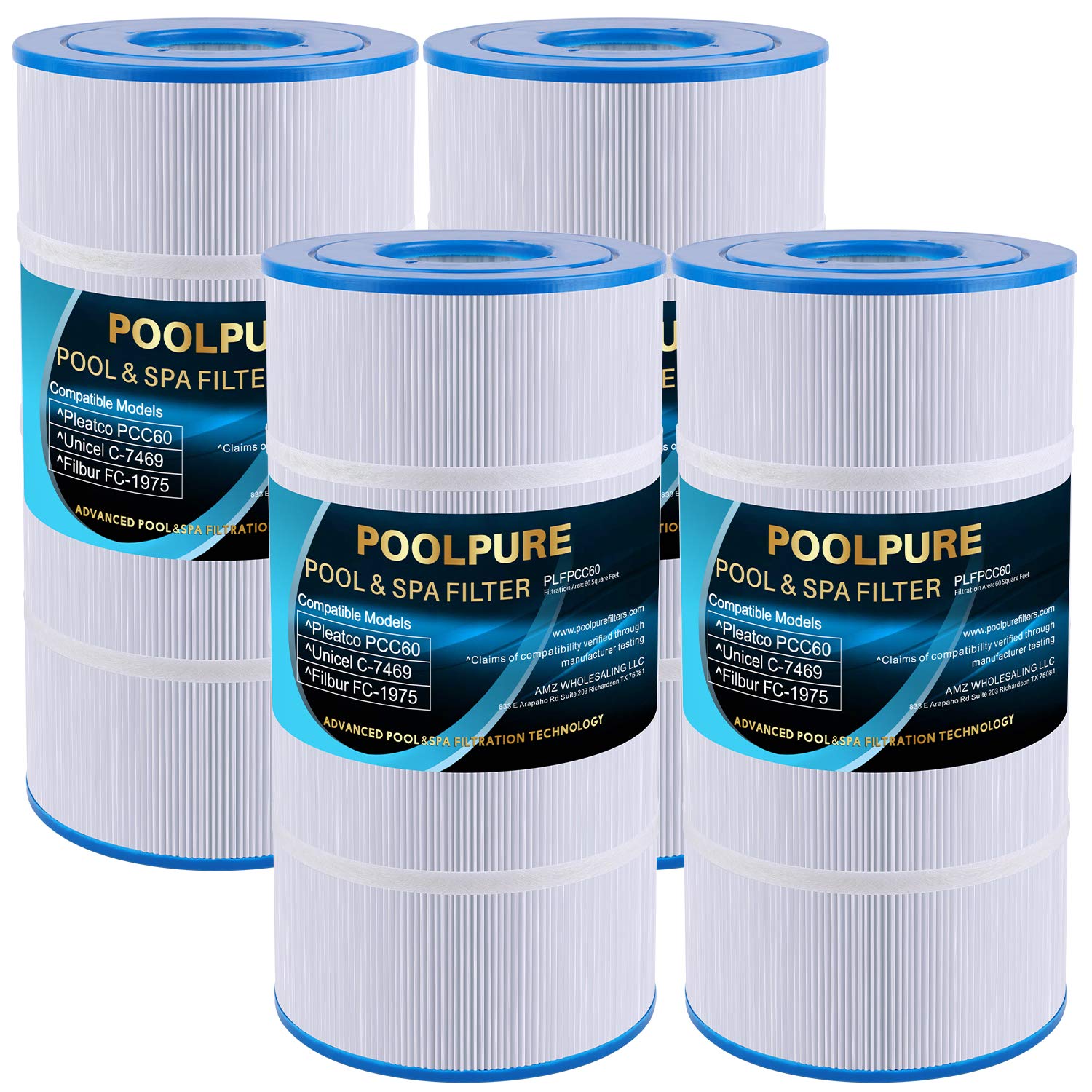 POOLPURE PLFPCC60 Pool Filter Replaces Pentair CCP240, PCC60, Ultral-A4, Unicel C-7469, R173572, 178569, Filbur FC-1975, Clean and Clear Plus 240, L x OD:14 1/8"x7", 4 X 60 sq. ft. Filter Cartridge