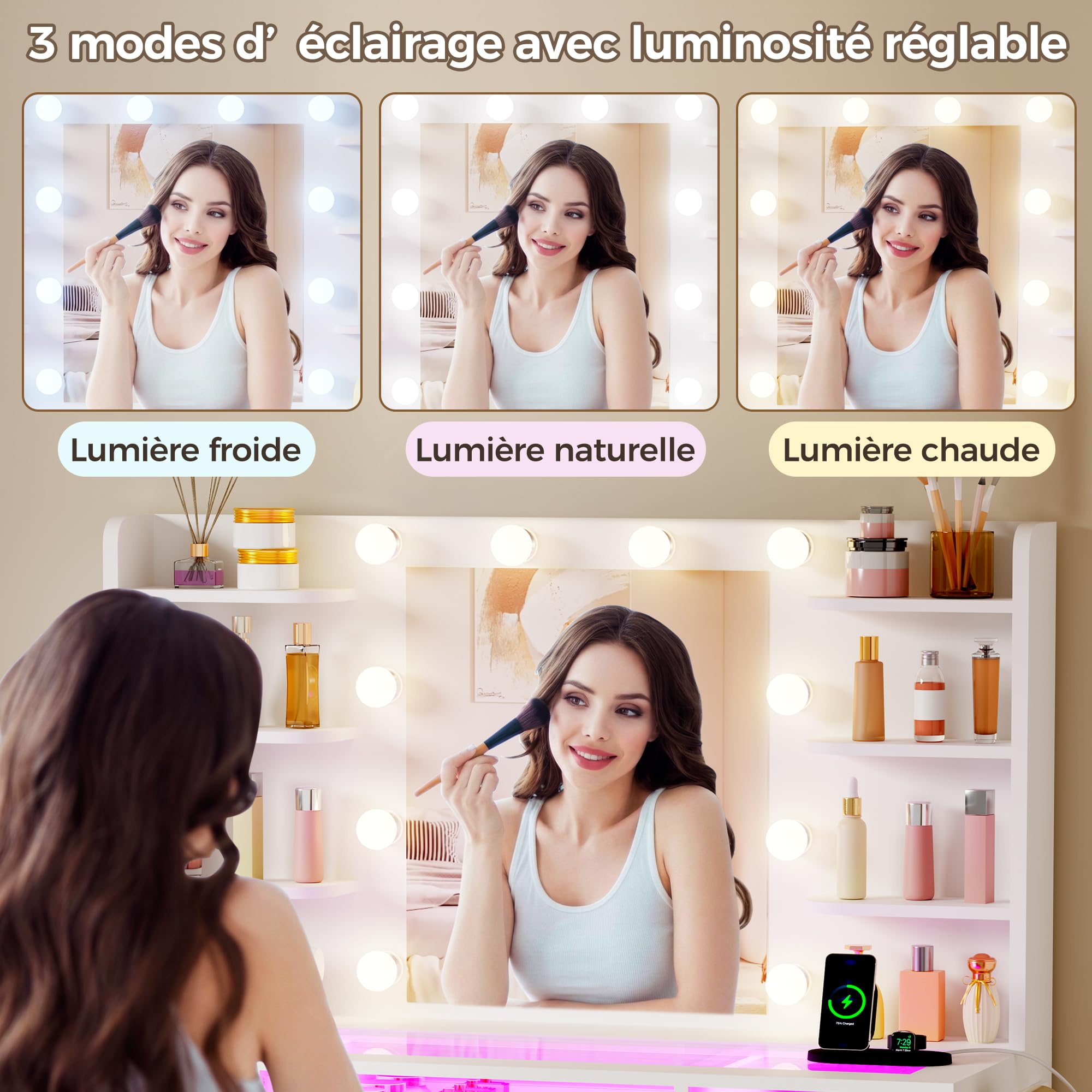 Grande Coiffeuse avec Miroir LED et Éclairage RGB,Plateau en Verre