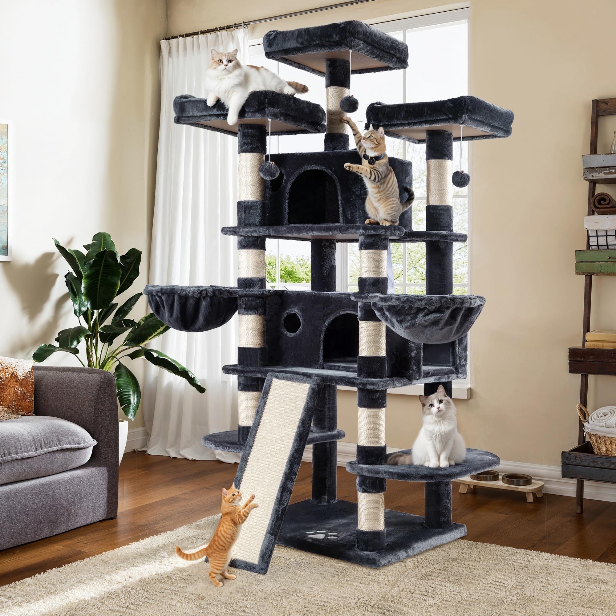 WEEWAY 68 Inches Multi-Level Large Cat Tree for Feline‌/Big Tower/Condo/Cozy Plush Kitty Perches/Fluffy Balls/Sisal Scratching Posts and Hammocks/Cave/Furniture Activity Center/Drak Grey