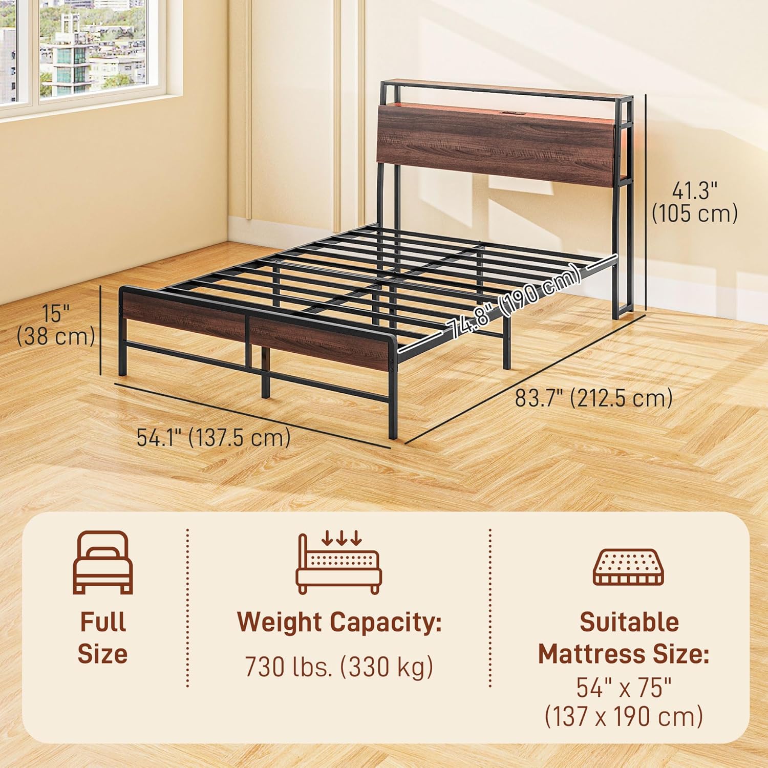 HOMCOM Full Size Bed Frame with Headboard, Platform Bed Frame with LED Lights, Charging Station, 3-Tier Storage Shelf, Steel Slats, Easy Assembly & Noise-Free with No Box Spring Needed, Walnut