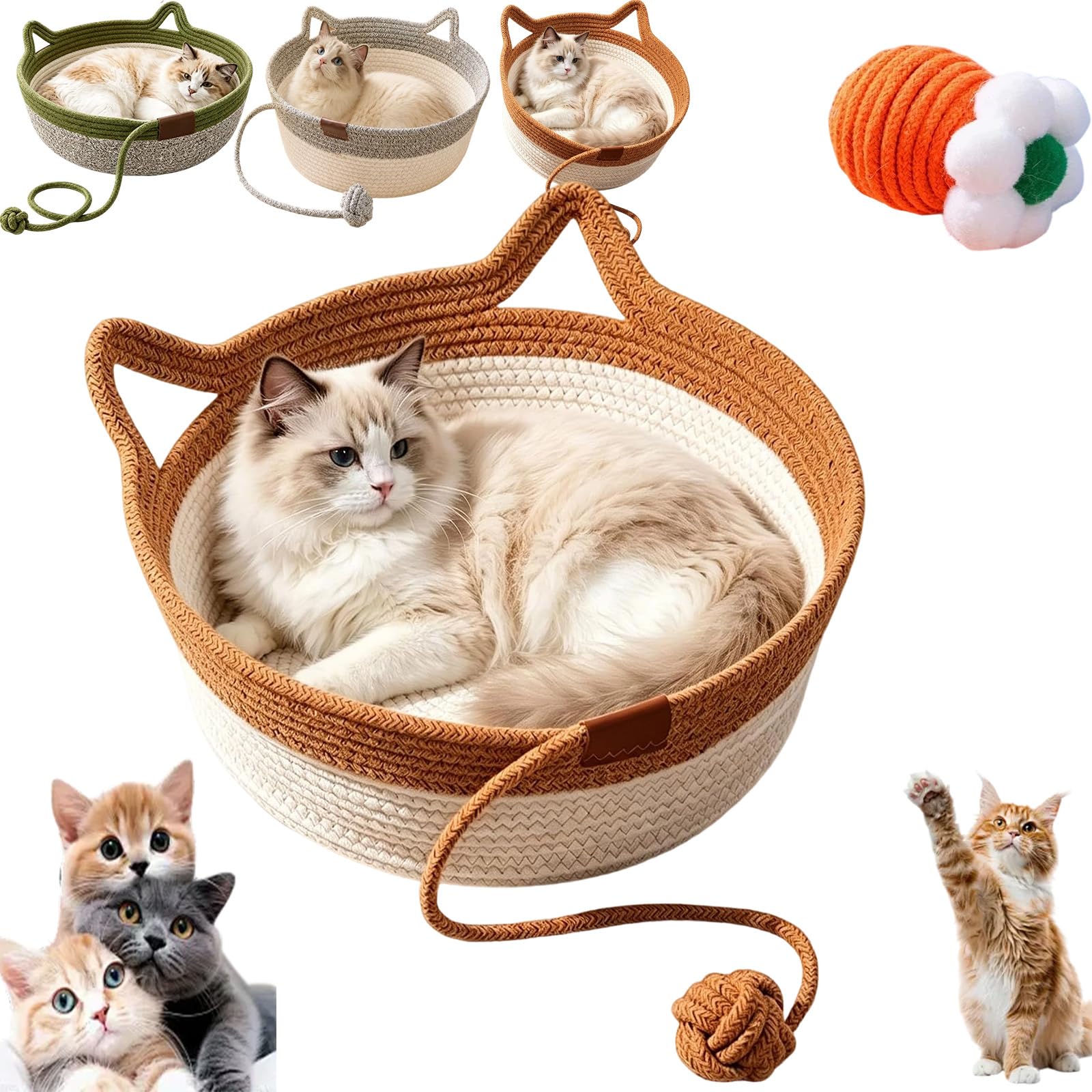 Handwoven Cat Basket, Instinct Basket for Cats, 14/16/18in Cotton Rope Cat Bed with Hanging Toy Ball, Breathable Washable Round Nest Cat Scratcher for Indoor Kittens (Brown S)