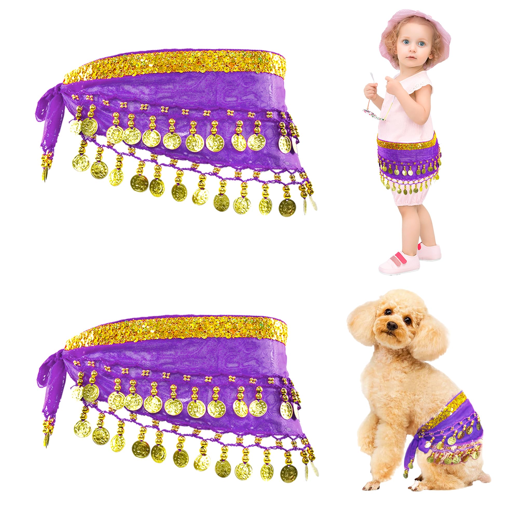 Baisdan 2 Pcs Belly Dance Hip Scarf for Dogs Adjustable Dog Belly Dancer Skirt with Sequin & Coins