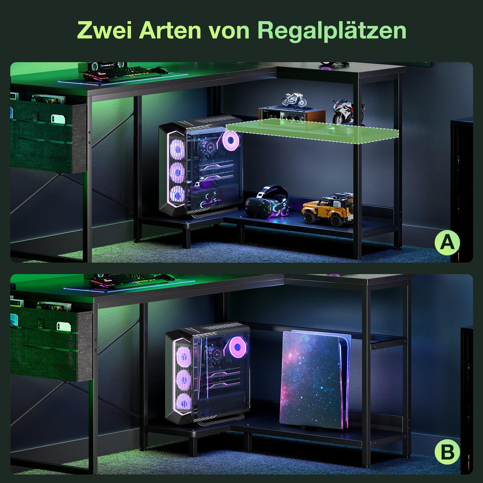 Coleshome Gaming-Tisch mit Stauraum, 120×80 cm Eckschreibtisch mit Regal & Stofftasche, reversibler L-förmiger Schreibtisch mit Steckdosen & LED für Büro & Arbeitszimmer, Schwarz