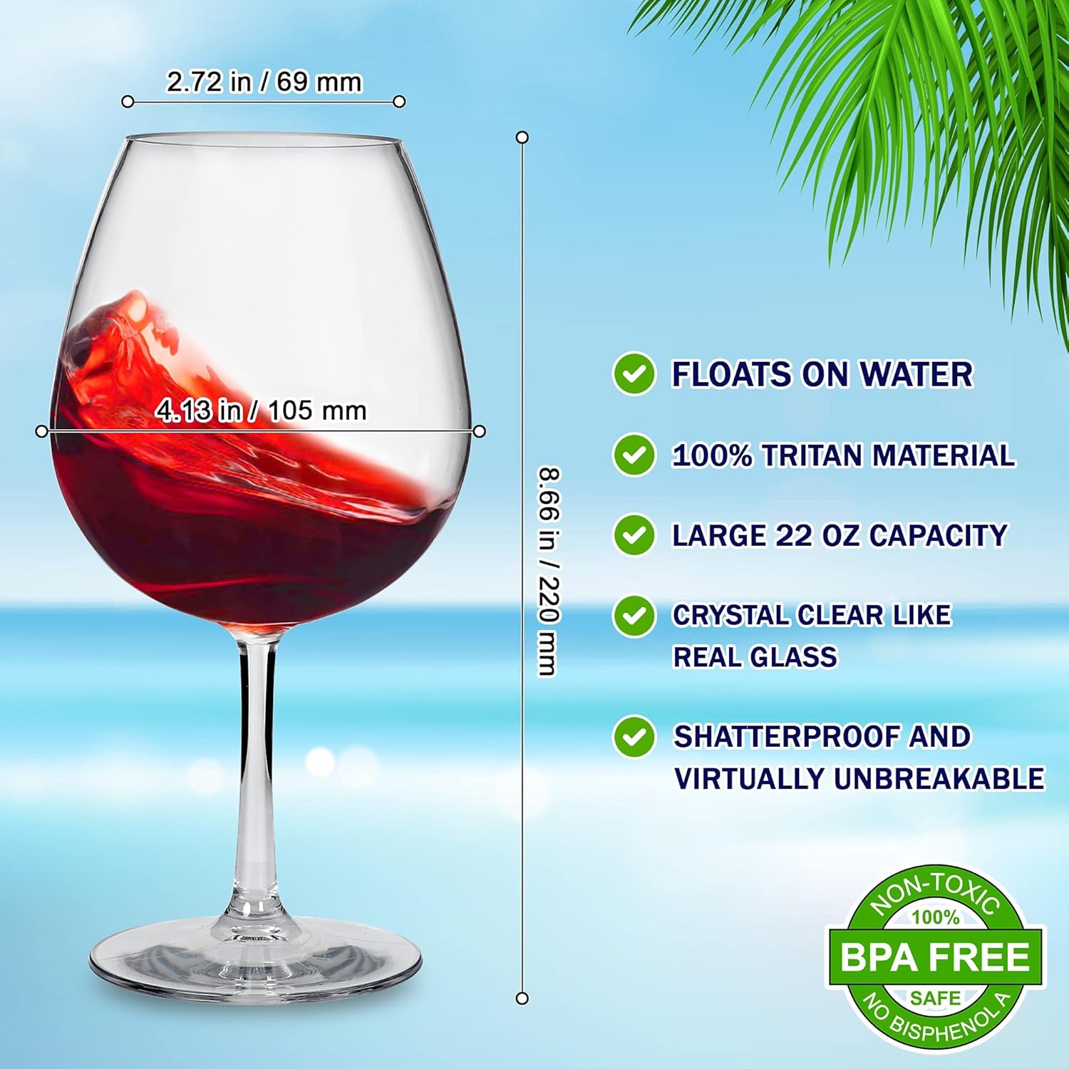 22 oz Extra Large Floating Wine Glasses Set of 2 - Tritan Plastic Reusable Stemware - Versatile Cups with Stem for Both Indoor and Outdoor Use at The Poolside Or Beach