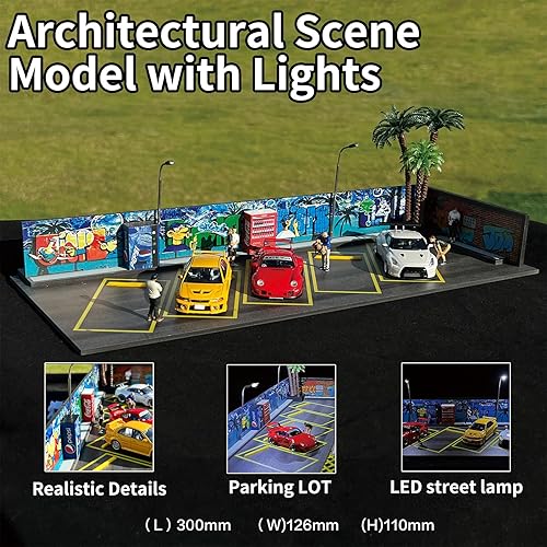 Miniatura 2 de Vitrina de 164, vitrina Hot Wheels, aparcamiento con pantalla panorámica de diorama con luces LED, vitrina modelo para 5 espacios de estacionamiento.