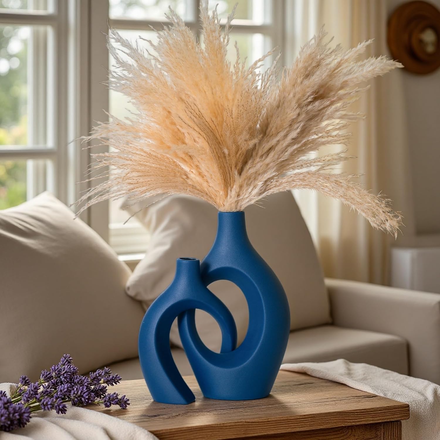 Lvases Snuggle Hollow Ceramic Vase Set of 2, 11Inch Nordic Modern Boho ins Style Decorative Ceramic Aesthetic Flower Vases for Home Decor Living Room Shelf Table Decorative (Matte Navy Blue)