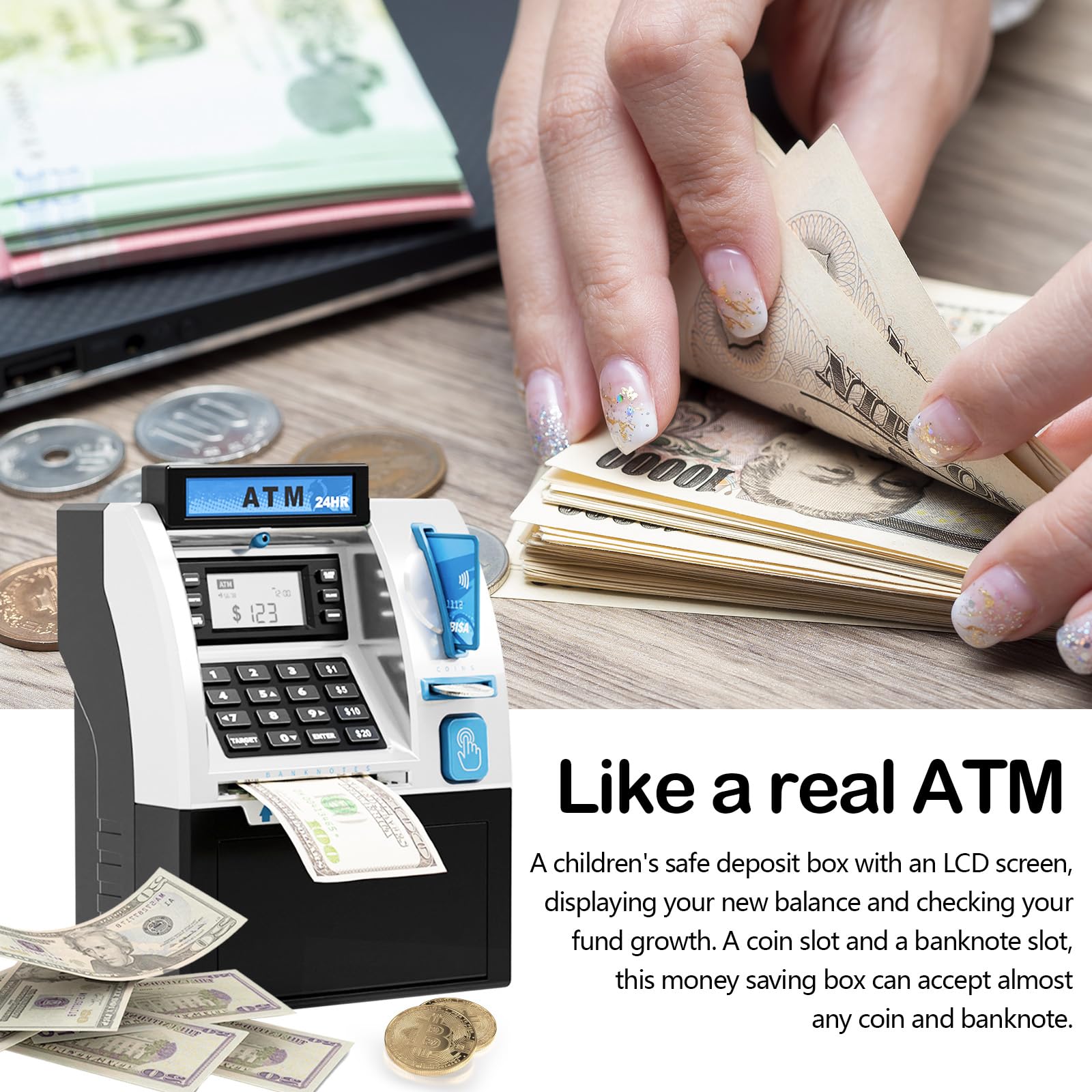 Salvadanaio Elettronico, Money Bank Cassa di Risparmio Versione EURO ATM Salvadanaio Elettronico Digitale ATM per Monete e Banconote Auto Scorrimento Carta Money Saving Box