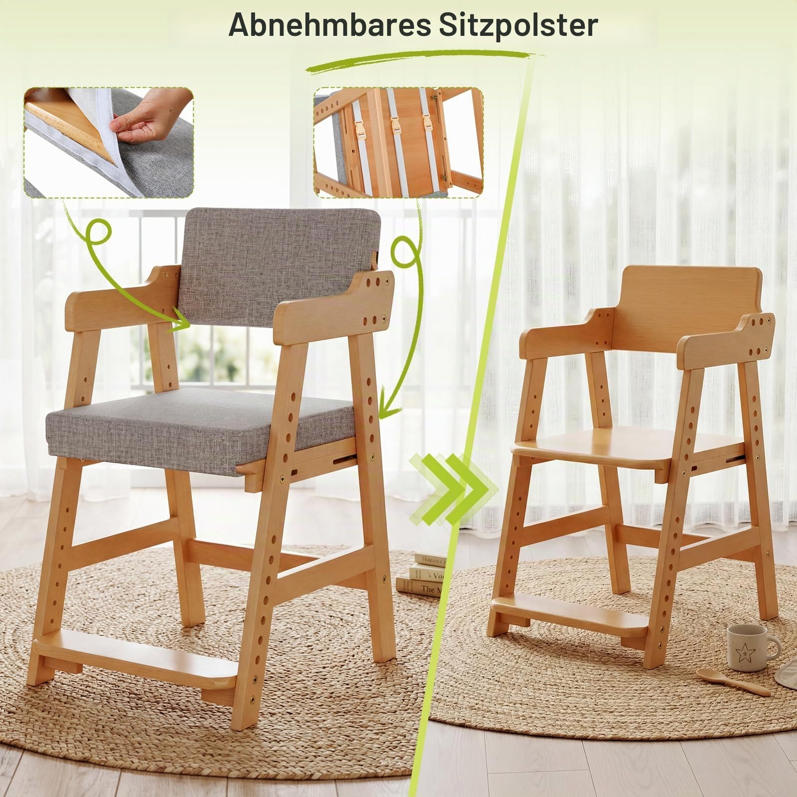 Clevich Buchenholz Kinderstuhl, Schreibtischstuhl für Kinder ab 3 Jahren, höhenverstellbar, mit abnehmbarem Sitzkissen, stabil und sicher bis 120 kg, zum Essen und Lernen, Naturholzfarbe