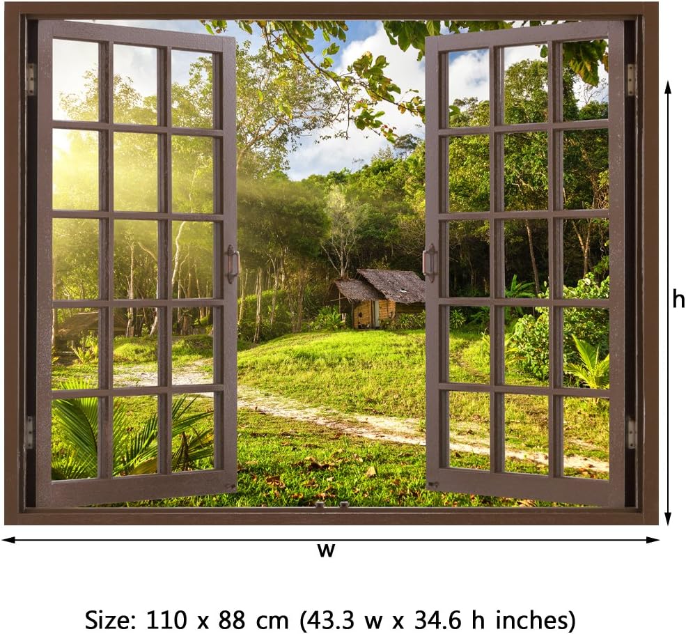 RoyalWallSkins Window Frame Mural House and Garden - Huge Size - Peel and Stick Fabric Illusion 3D Wall Decal Photo Sticker