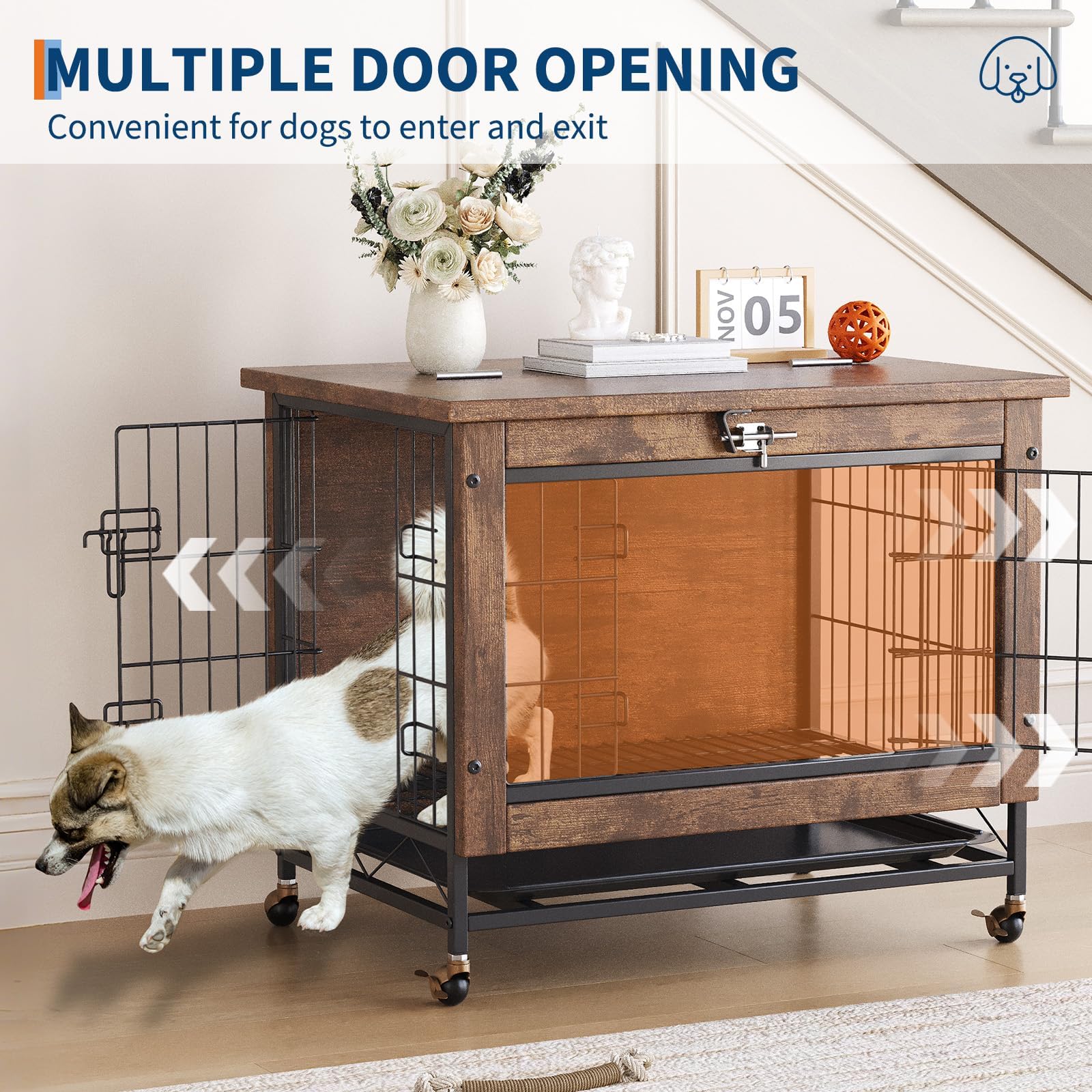 GarveeHome Hundekäfig Möbel aus Holz, Einfache Hundebox mit 2 Türen, Haustierkäfig mit Rollen UNH Ausziehbares Tablett Leicht zu Reinigende bissfest Hundebox Indoor für Hunde,67x50x65cm