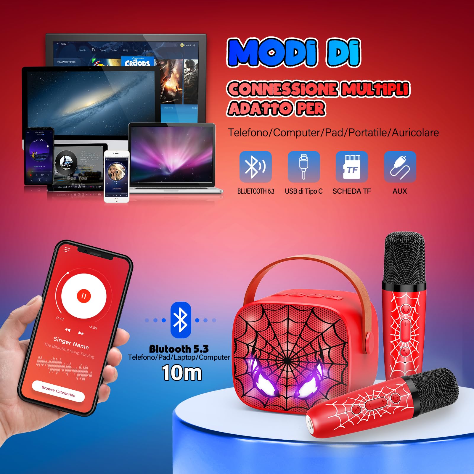 Braxel Regalo Bambino Karaoke per Bambini con 2 Microfono Wireless Bluetooth Giocattolo 3-12 Anni