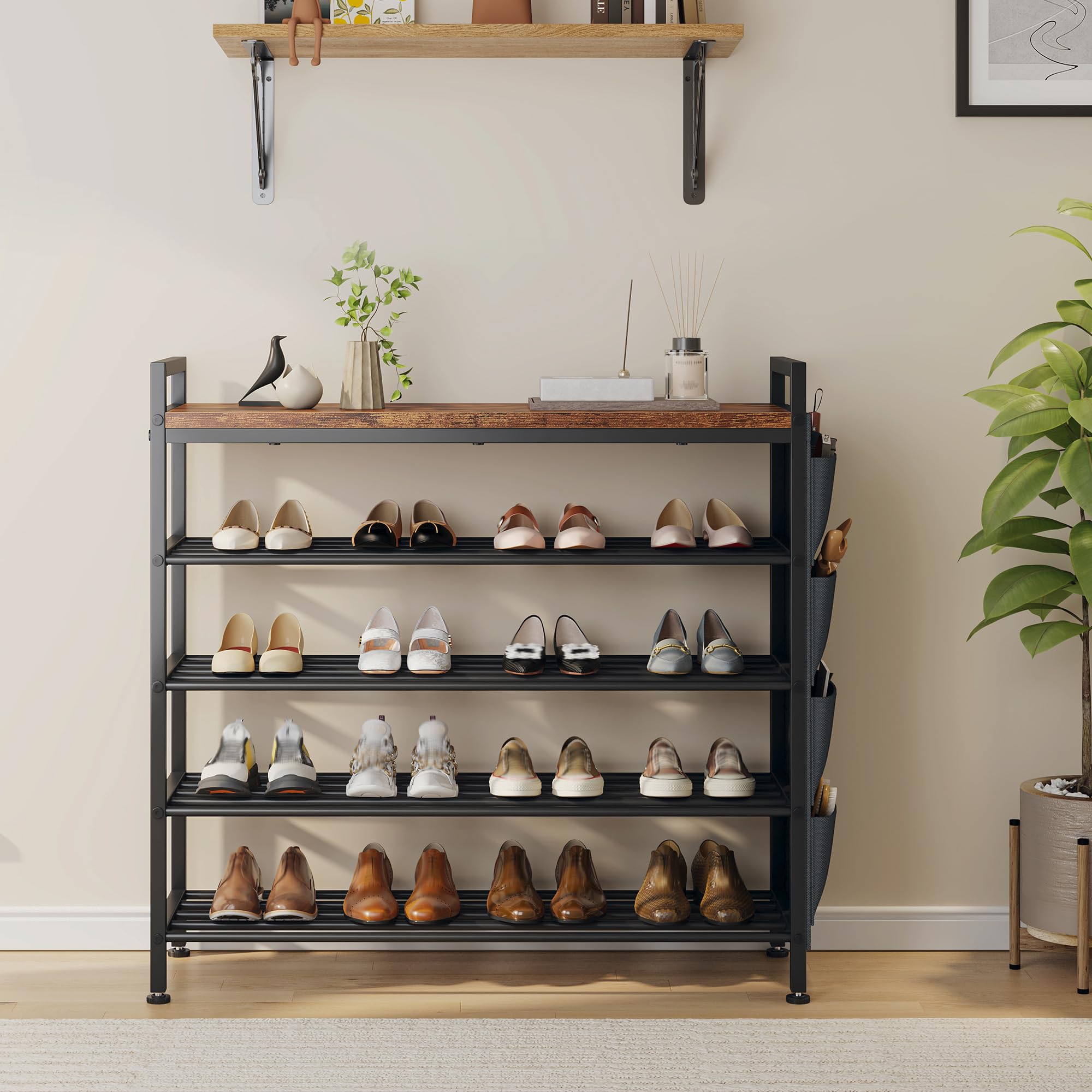 Zapatero Estrecho 5 Niveles, Zapatero metalico Madera sólido y fácil de Limpiar, Zapatero Entrada recibidor con Bolsillos Laterales, para 16-20 Pares, 30 x 76 x 96,5 cm, para Entrada y Pasillo