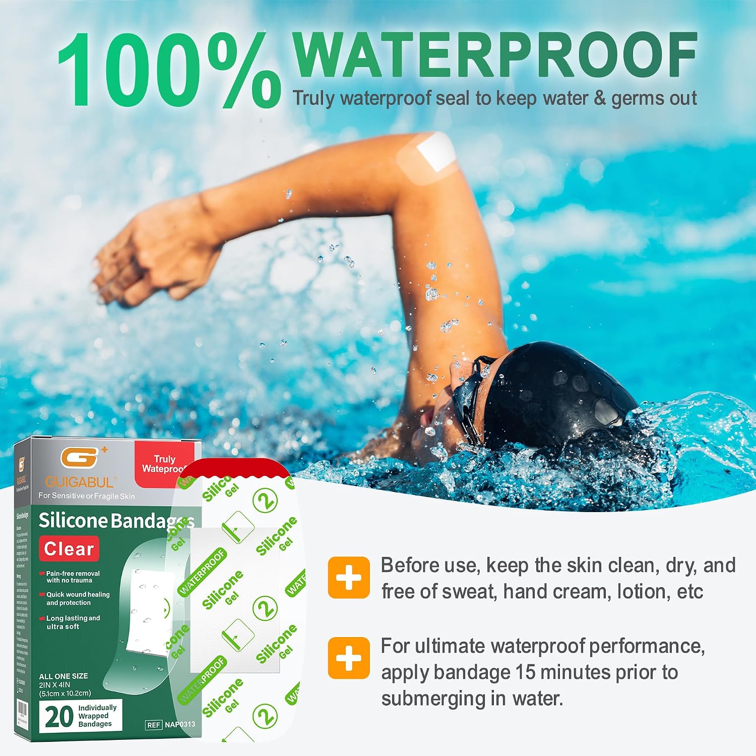 Clear Waterproof Silicone Bandages for Sensitive, 2"x4" 20 Ct
