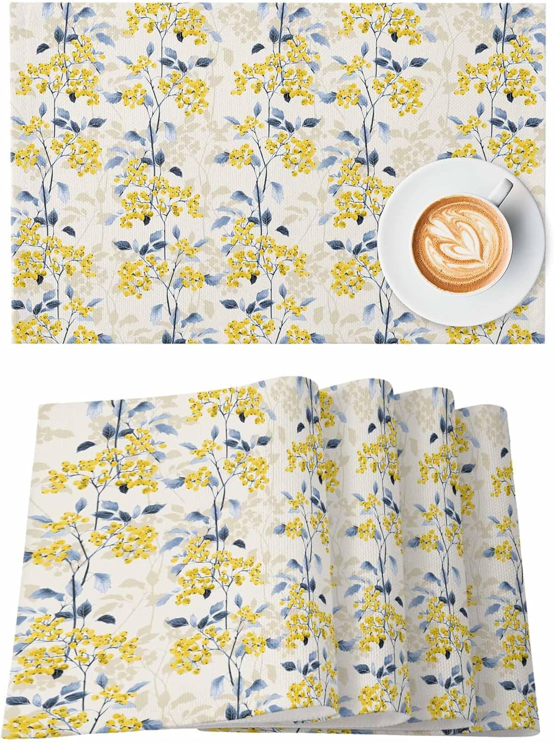 Florals Placemats Set of 6, Cotton Linen Heat Resistant Table Mats Non-Slip Washable Vintage Floral Plant Summer Flowers Yellow Blue Placemat for Holiday Banquet Dining Table Kitchen Decor