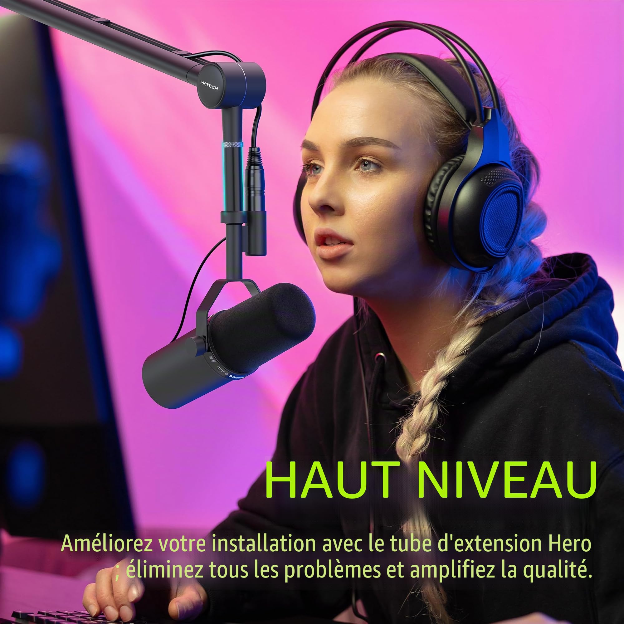 IXTECH Support de micro avec tube d'extension amélioré pour Shure SM7B MV7 Blue Yeti - Bras de microphone robuste en acier inoxydable - Support de bureau pliable pour podcast et jeux