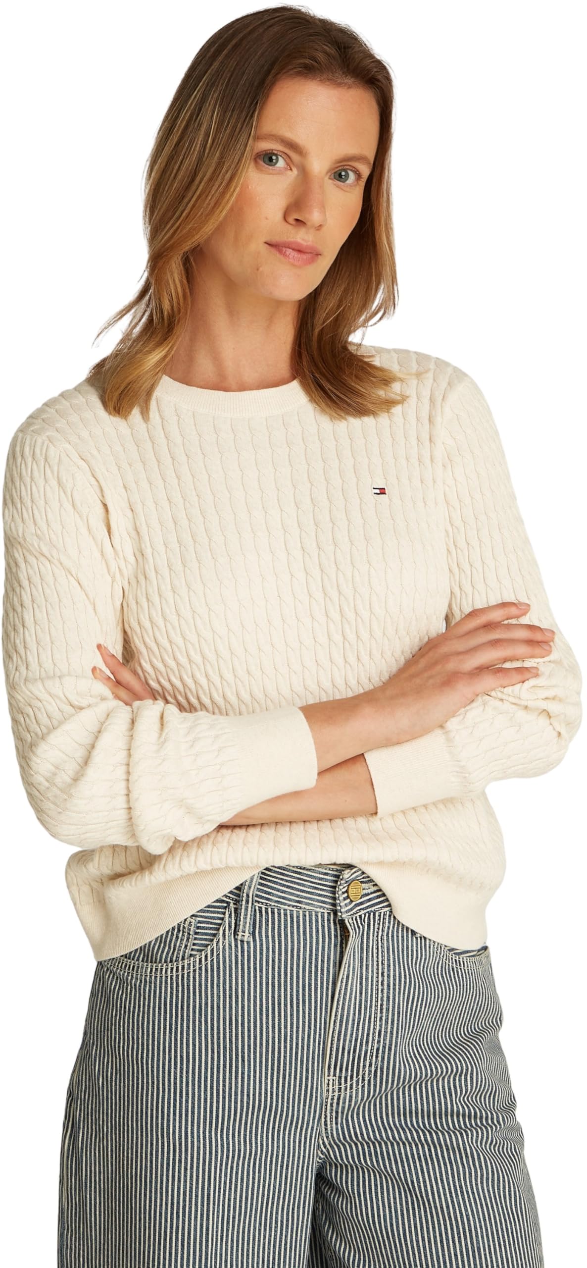 TOMMY HILFIGER Damski sweter CO Cable C-NK LS WW0WW44993, Beżowy (płatek kości słoniowej wrzosowej), L