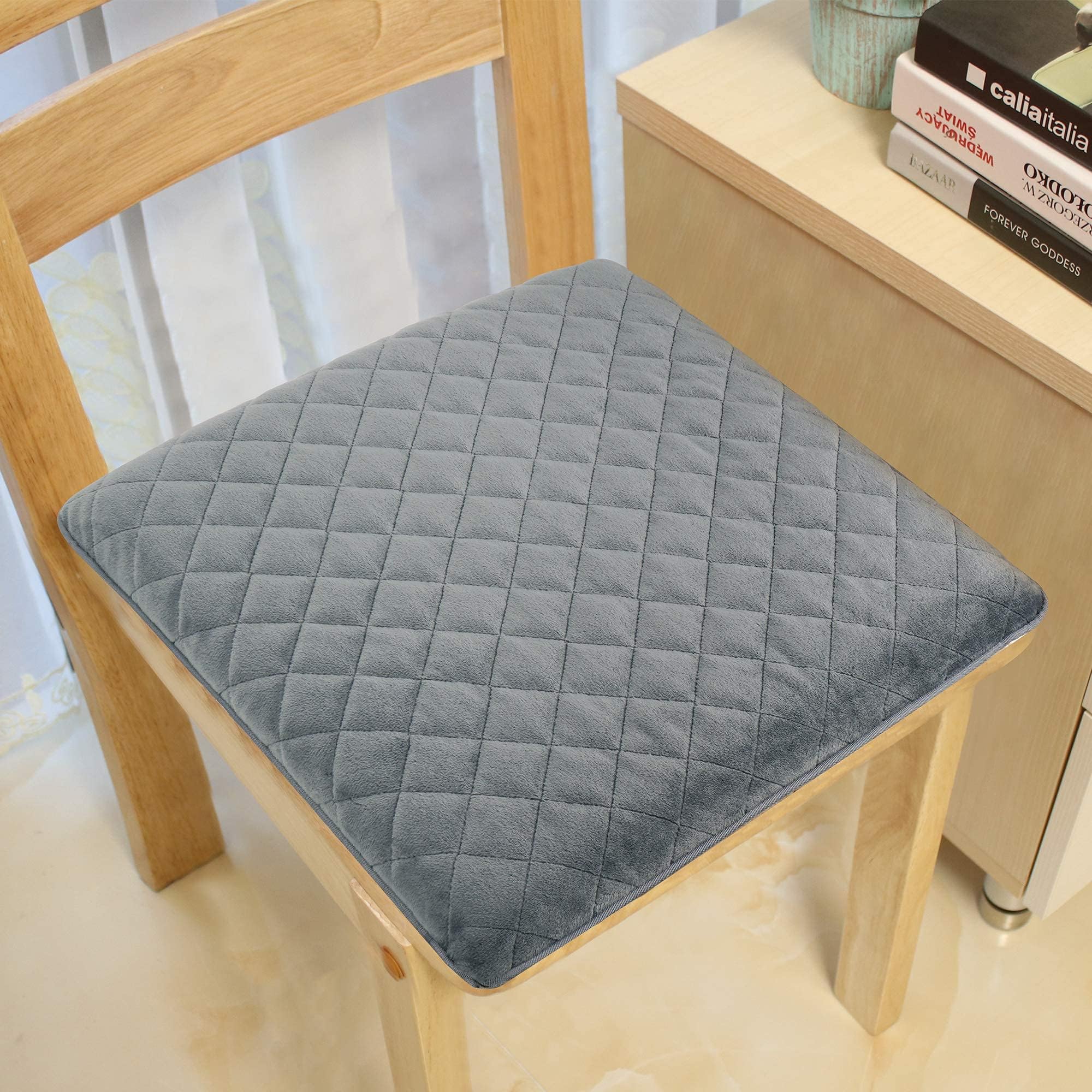 Medium-Firm 16x16x1.6 Memory Foam Seat Cushion for Kitchen, Dining, Office Chairs, Car Seats - Washable Velvety Cover w/Waterproof Layer, Non-Slip Base - Comfort, Back Pain Relief - Gray