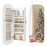 SONGMICS Jewelry Organizer, LED Jewelry Cabinet Wall/Door Mounted, Lockable Rounded Wide Mirror with Storage, Christmas Gift 3.9 x 16.5 x 42.5 Inches, White Surface with Greige Lining