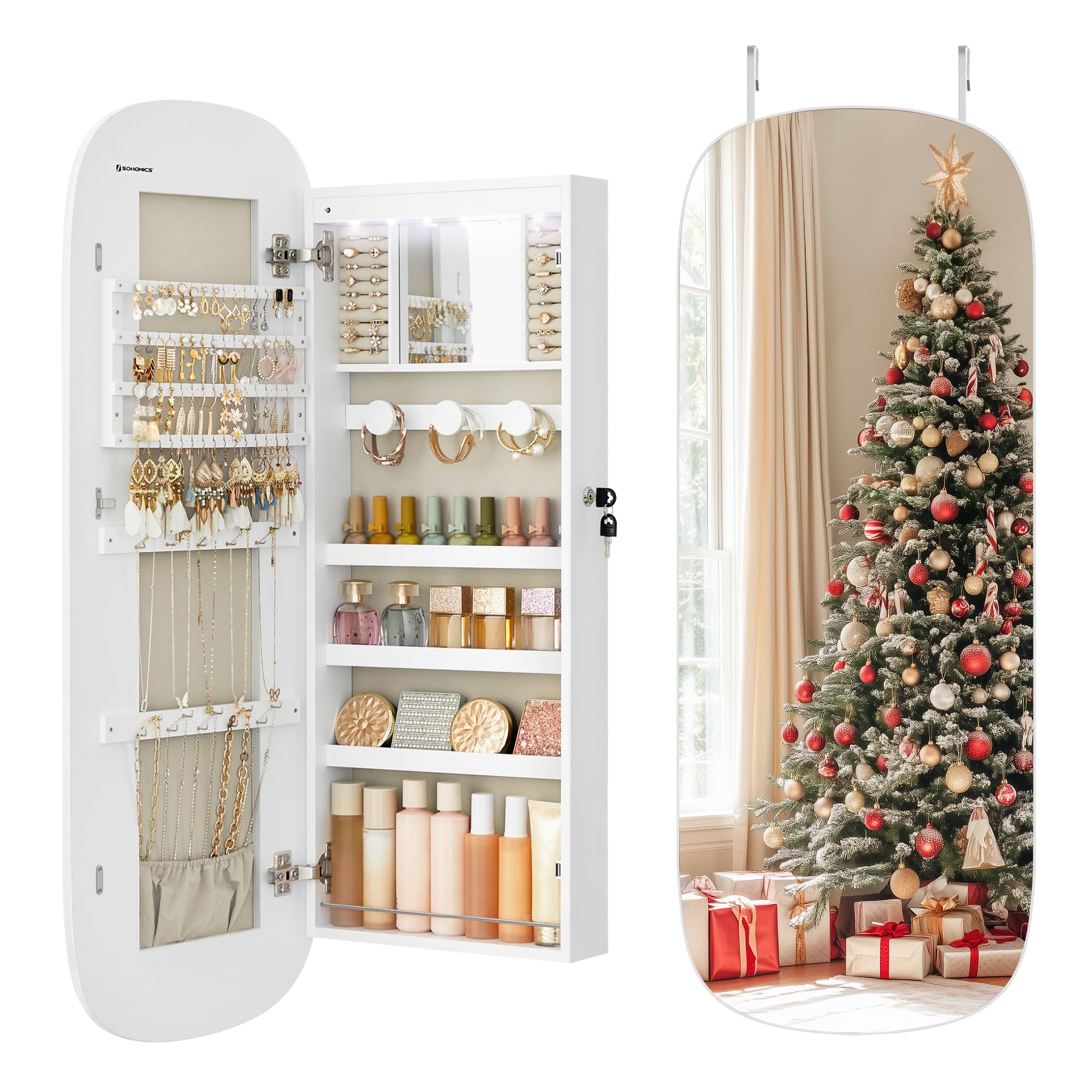 SONGMICS Jewelry Organizer, LED Jewelry Cabinet Wall/Door Mounted, Lockable Rounded Wide Mirror with Storage, Christmas Gift 3.9 x 16.5 x 42.5 Inches, White Surface with Greige Lining