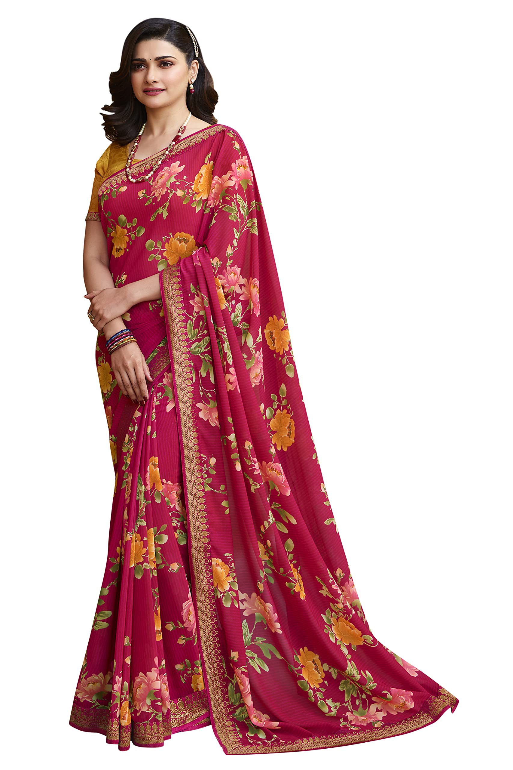 FlossyWomen's Georgett Printed Sarees Jacquard Lace Border Work Saree With Blouse Piece (Multicolored_Free Size 6.30 Mtr)