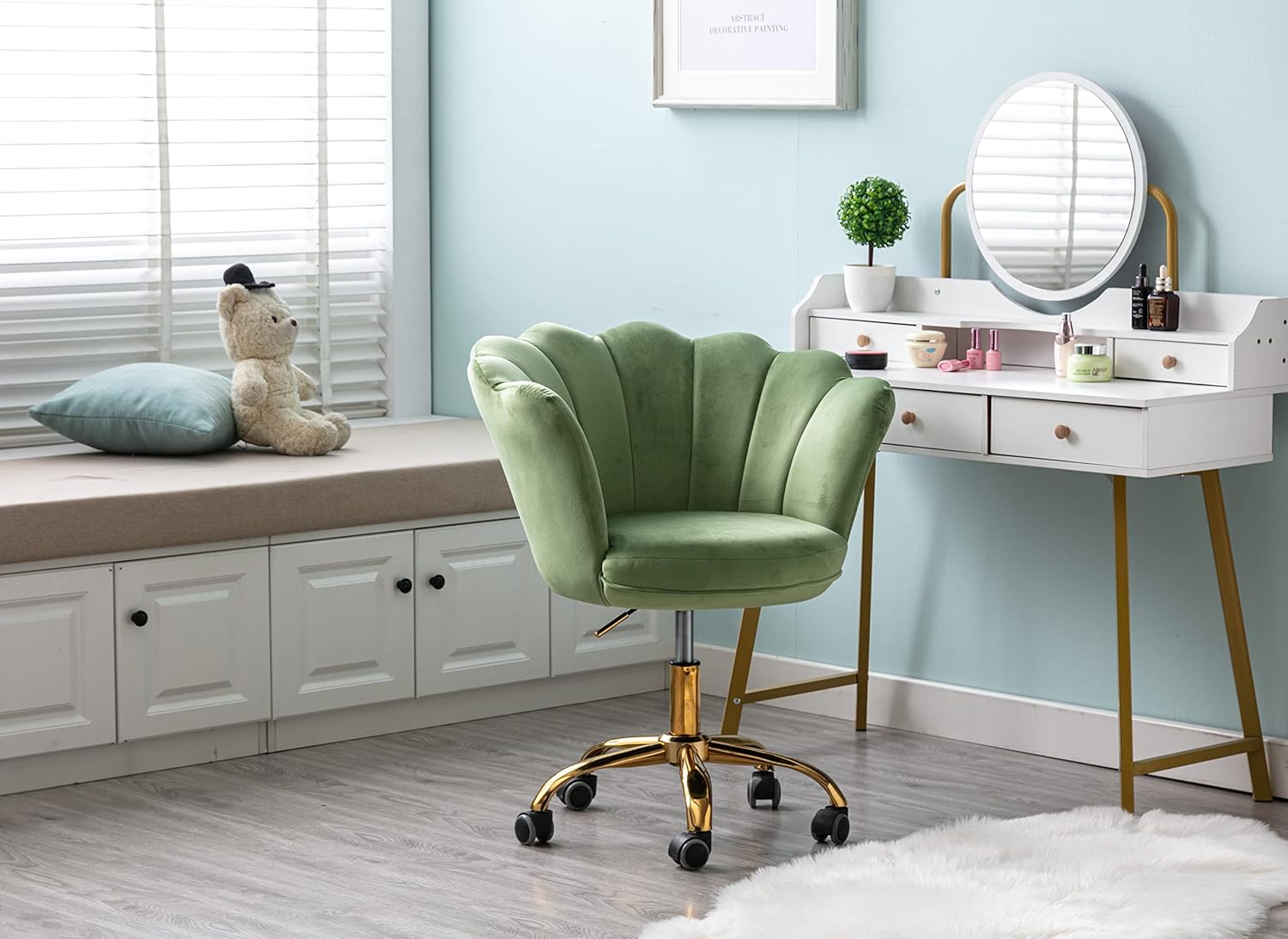 ZOBIDO Comfy Home Office Task Chair with Wheels, Cute Modern Upholstered Velvet Seashell Back Adjustable Swivel Vanity Desk Chair, for Women, for Girls, Living Room(Classic Green)