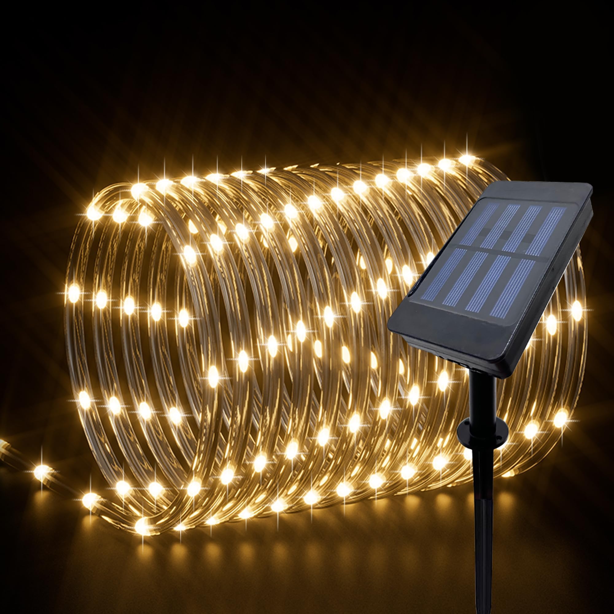 Christmas 2 Pack Solar Rope Lights Outdoor Waterproof,Each 33ft 100 LED 8 Modes and Timer Clear Tube String Lights for Outside(Warm White)
