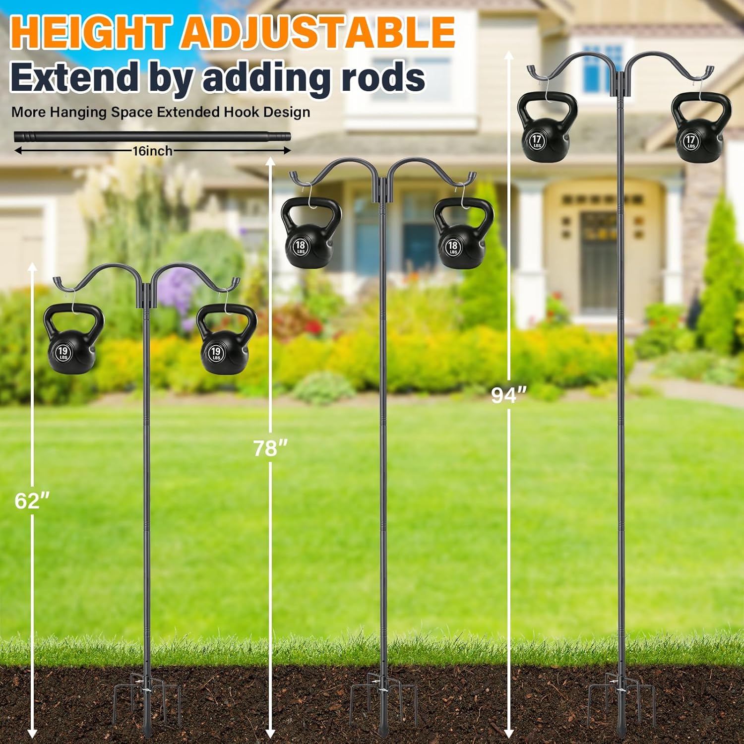 94 Inch Adjustable Bird Feeder Pole, Heavy Duty Double Shepherds Hook for Outdoor with 5 Prongs Base, Stable Stand for Hanging Bird Feeder, Bird House, Wind Chime, Hummingbird Feeder & Light Plant