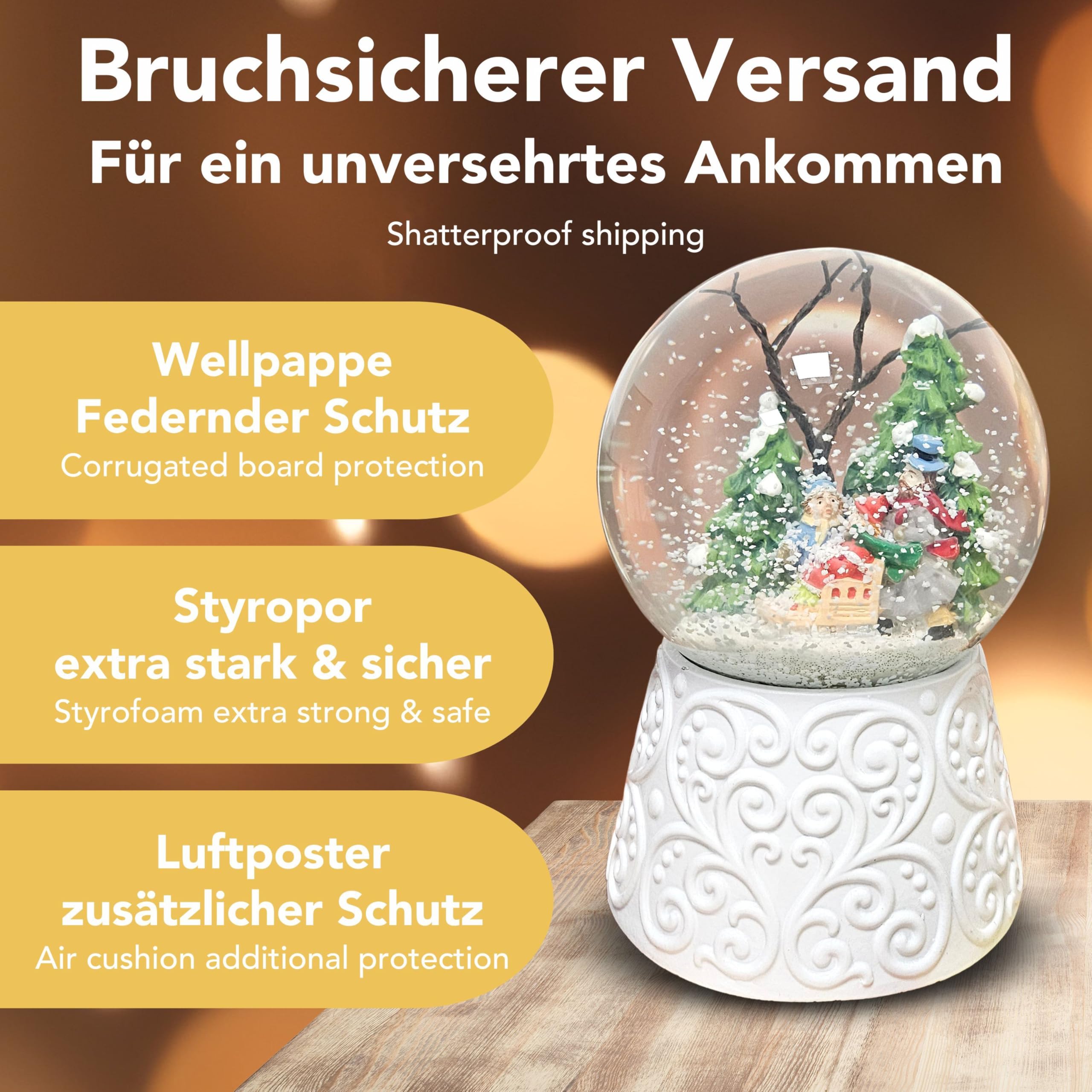 Schneekugel Weihnachten mit Musik | Winterspaziergang mit Familie | Sockel weiß Nostalgie | H: 14cm B: 10 cm | Schüttelkugel Weihnachten Winter mit Spieluhr | 20150