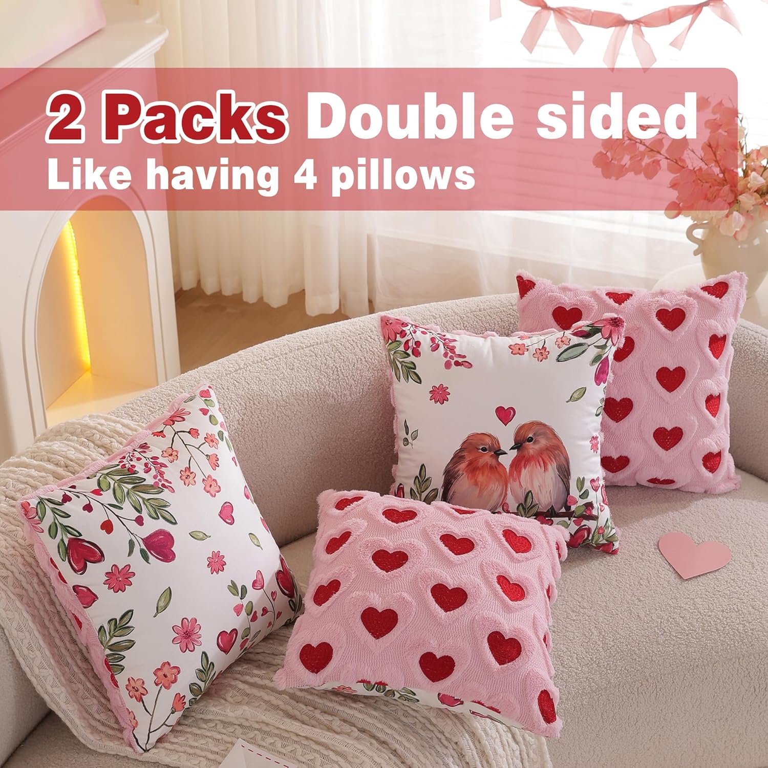 Valentines Day Faux Fur Heart Pillow Covers Embroidery Soft Velvet 18 x 18 Inch Throw Pillows, Anniversary Celebration Floral Decorative Farmhouse Cushion Case for Sofa Couch Set of 2