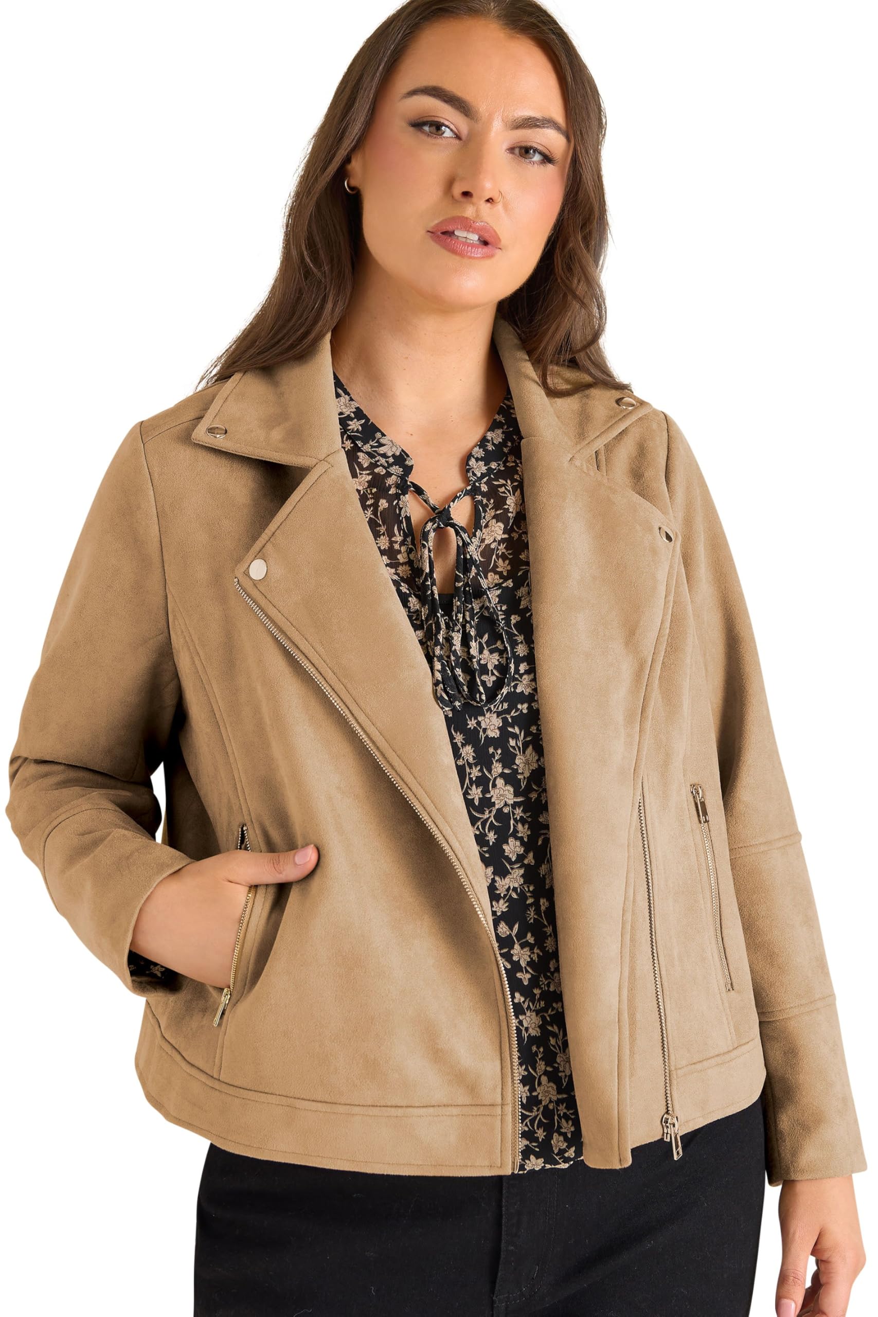 Evans Women's Natural Curve Brown Faux Suede Biker Jacket - Plus Size Curve
