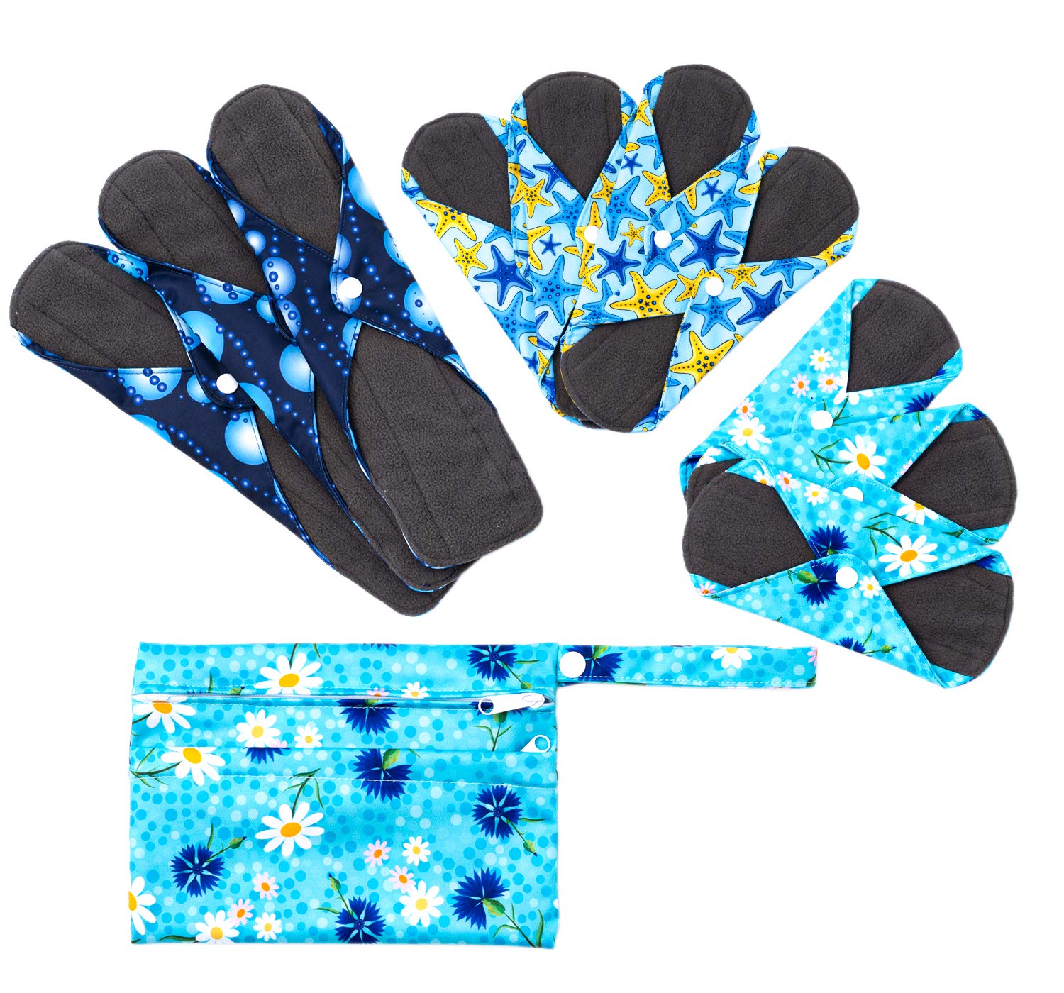 10pcs Sanitary Pads, Reusable Washable Charcoal Cloth Menstrual Pads with Wet Bag, Super-Absorbent and Comfortable Panty Liners( Mixed Blue, 3pcs×8"+4pcs×9.8"+3pcs×12.6")
