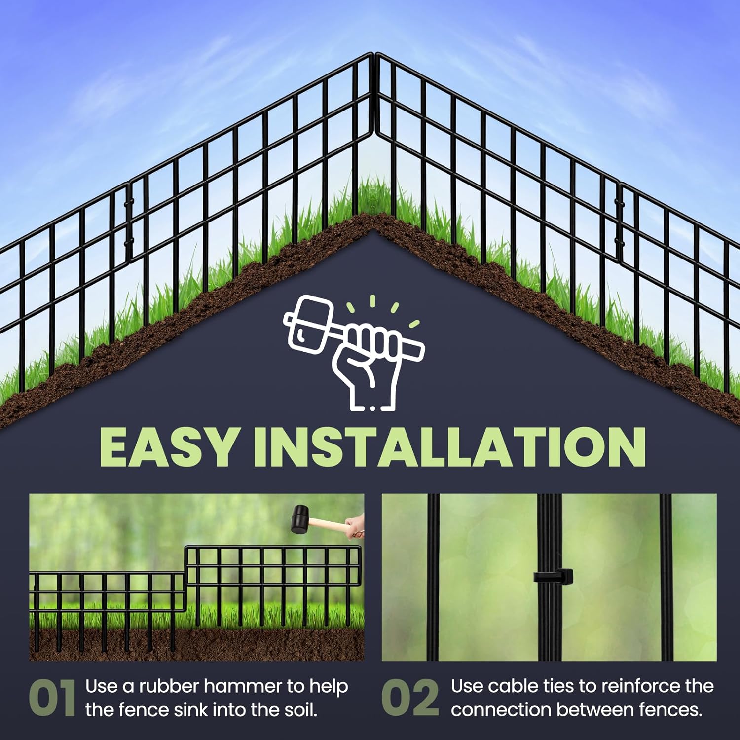 29.28Ft(L) X 13Inch(H) Animal Barrier Fence, 21 Pack No Dig Fence Panels, Black Modern Steel Garden Fence Border