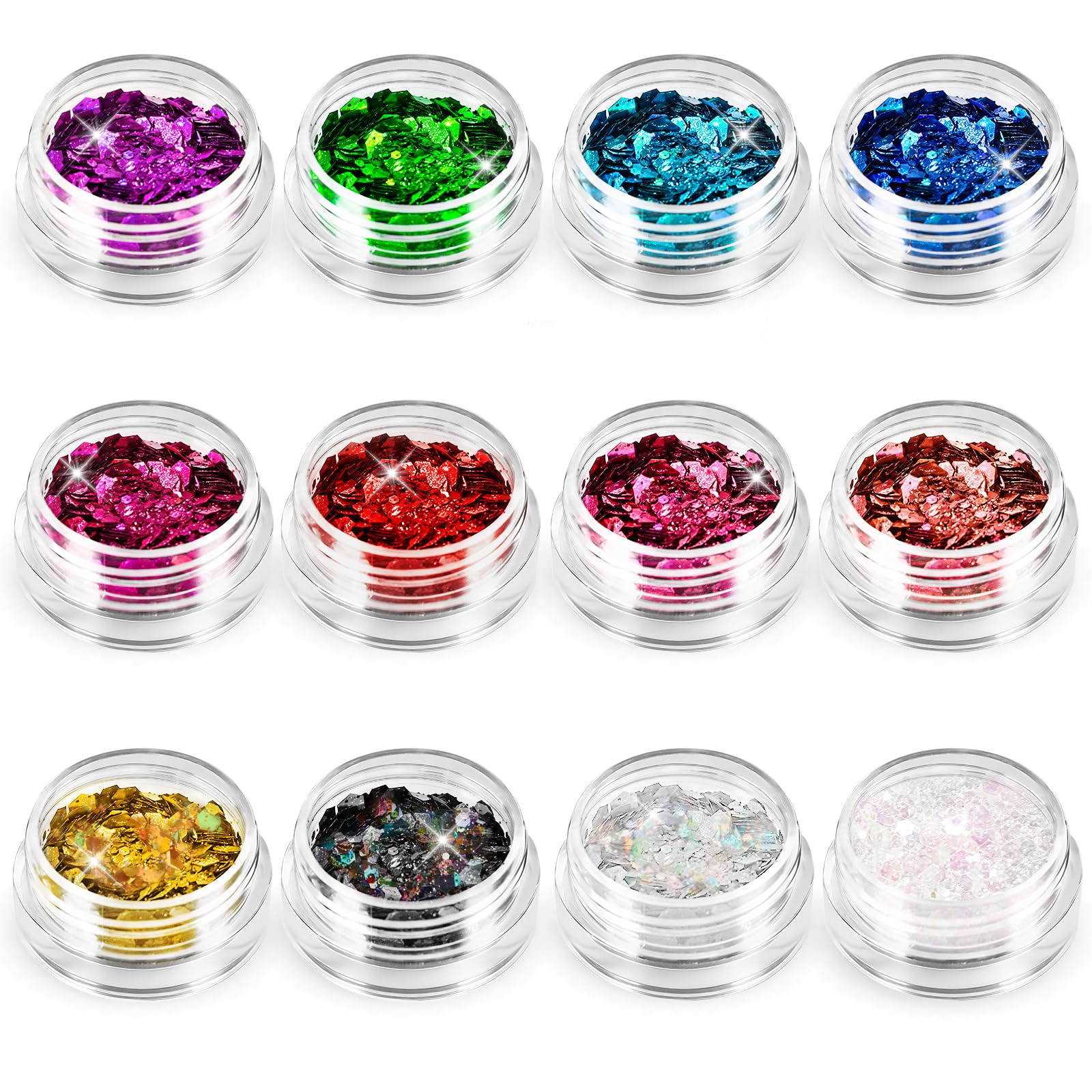 12 Colour Face Glitter, Chunky Sequins and Fine Glitter Mix Set, Holographic Glitter for Eye Body, Festival Makeup, Nail Art, DIY Art and Resin Decor