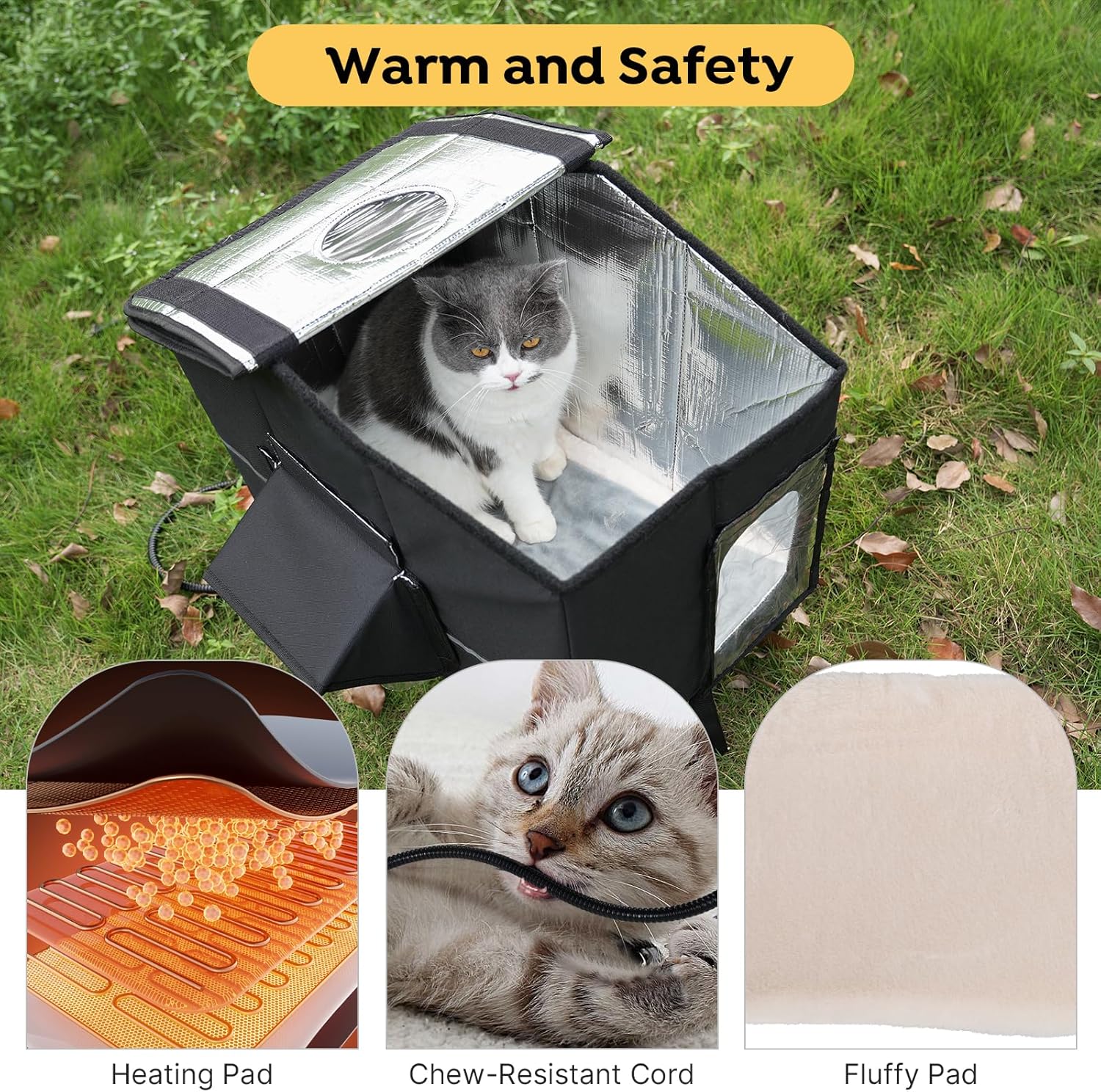 Veehoo Outdoor Heated Cat House Weatherproof, Outside Insulated Feral Cat Shelter with Elevated Base, Waterproof Eaves & Escape Door for Stray Barn Cats, 20.9"x13.0"x22.4"