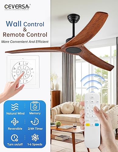 Miniatura 4 de Ventilador de techo de madera maciza de 60 pulgadas, sin control remoto, gran ventilador de techo de madera real para exteriores, sin luz, 3 aspas