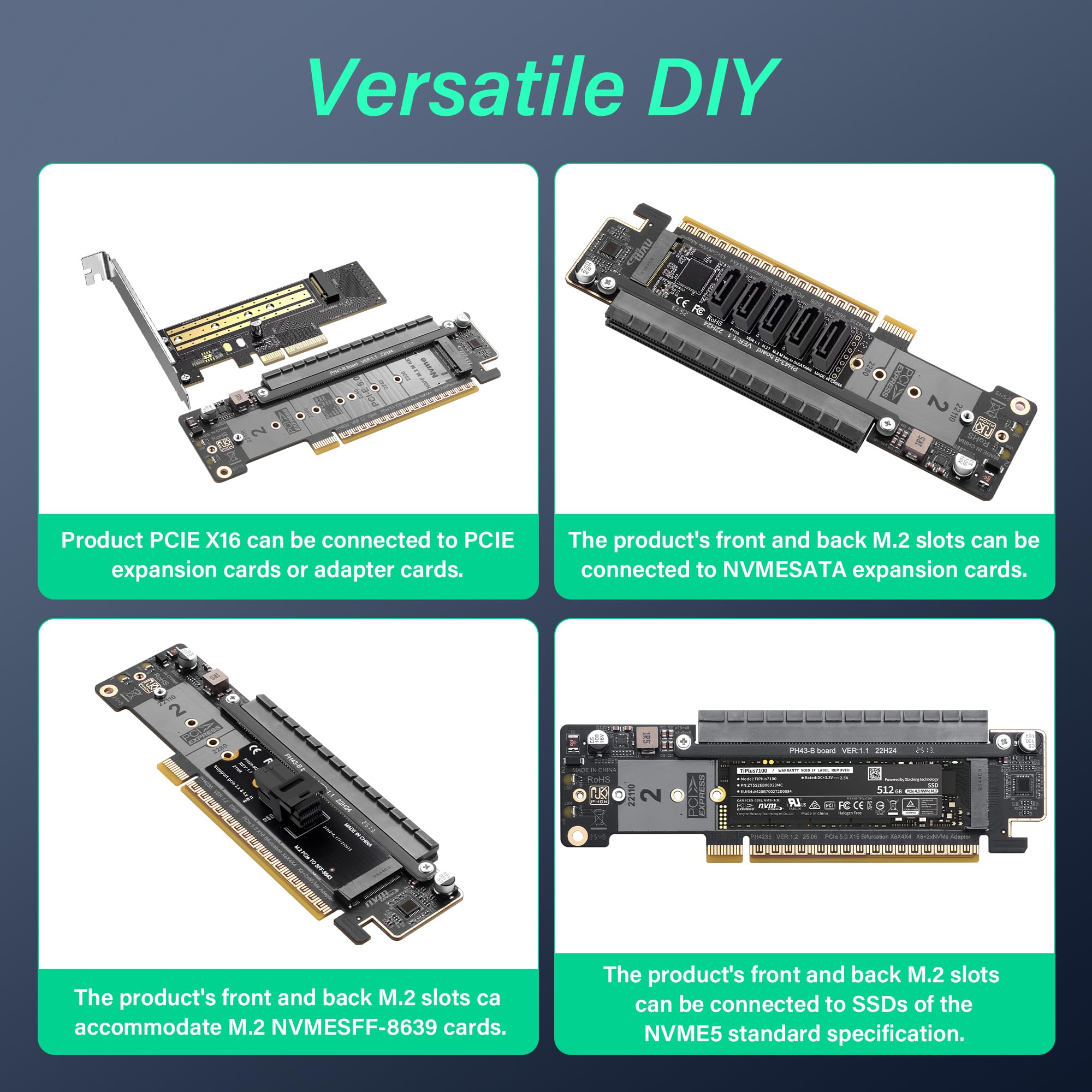 SinLoon PCIe 5.0 X16 karta rozszerzająca, karta PCIe Bifurcation Riser, dzieli slot X16 na X8+X4+X4, obsługuje NVMe M.2 SSD i Low-Profile GPU, kompatybilna z dyskami 22110/2280, z diodami LED do C