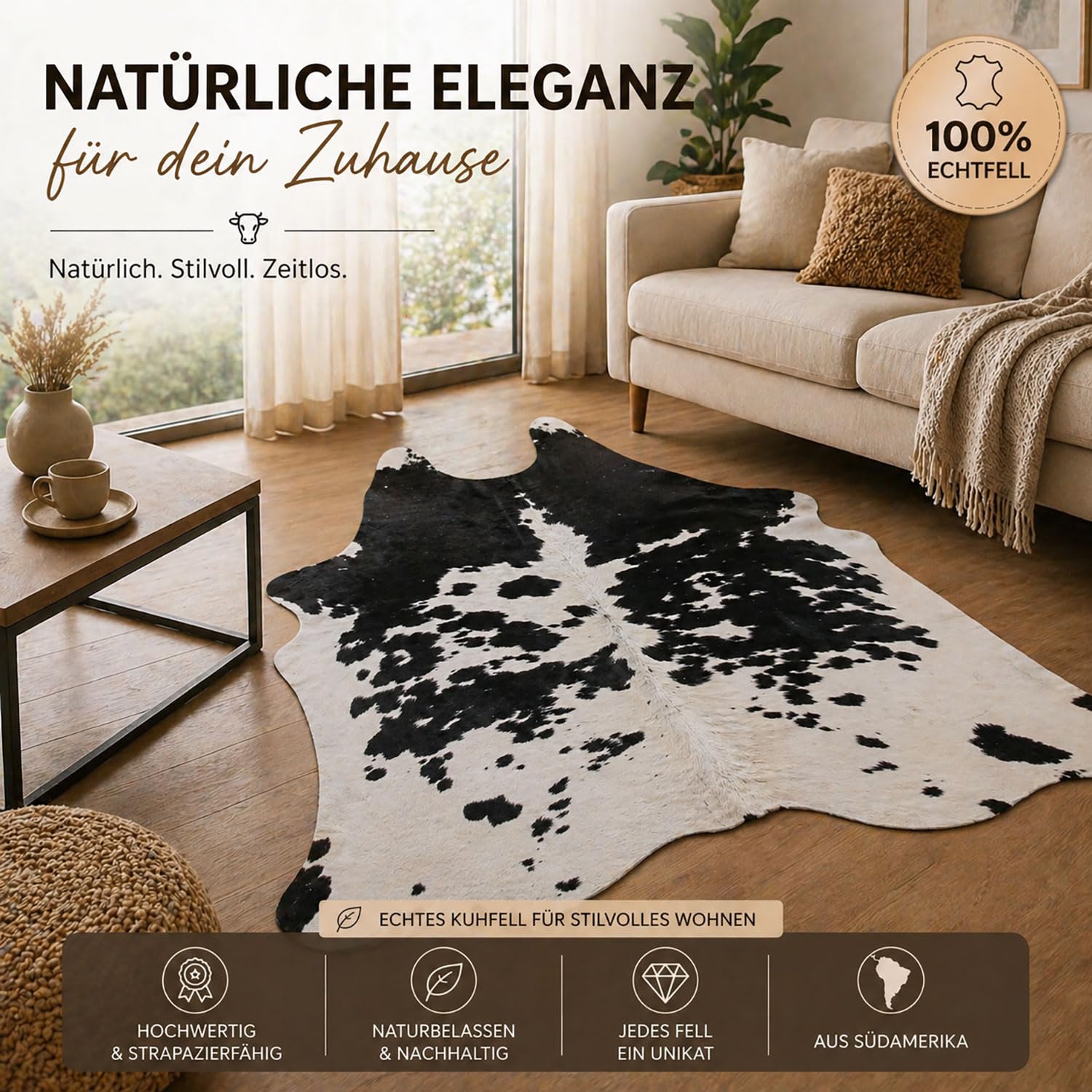 Tapis en Peau de Vache de qualité supérieure - Noir et Blanc - Produit Naturel Unique en provenance d'Amérique du Sud - Peau de Vache véritable
