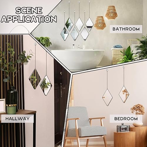 Miniatura 8 de Suzile Espejo de pared de diamante de 6 piezas con espejo colgante de cadena con marco de mango de diamante, espejo de cadena decorativo para